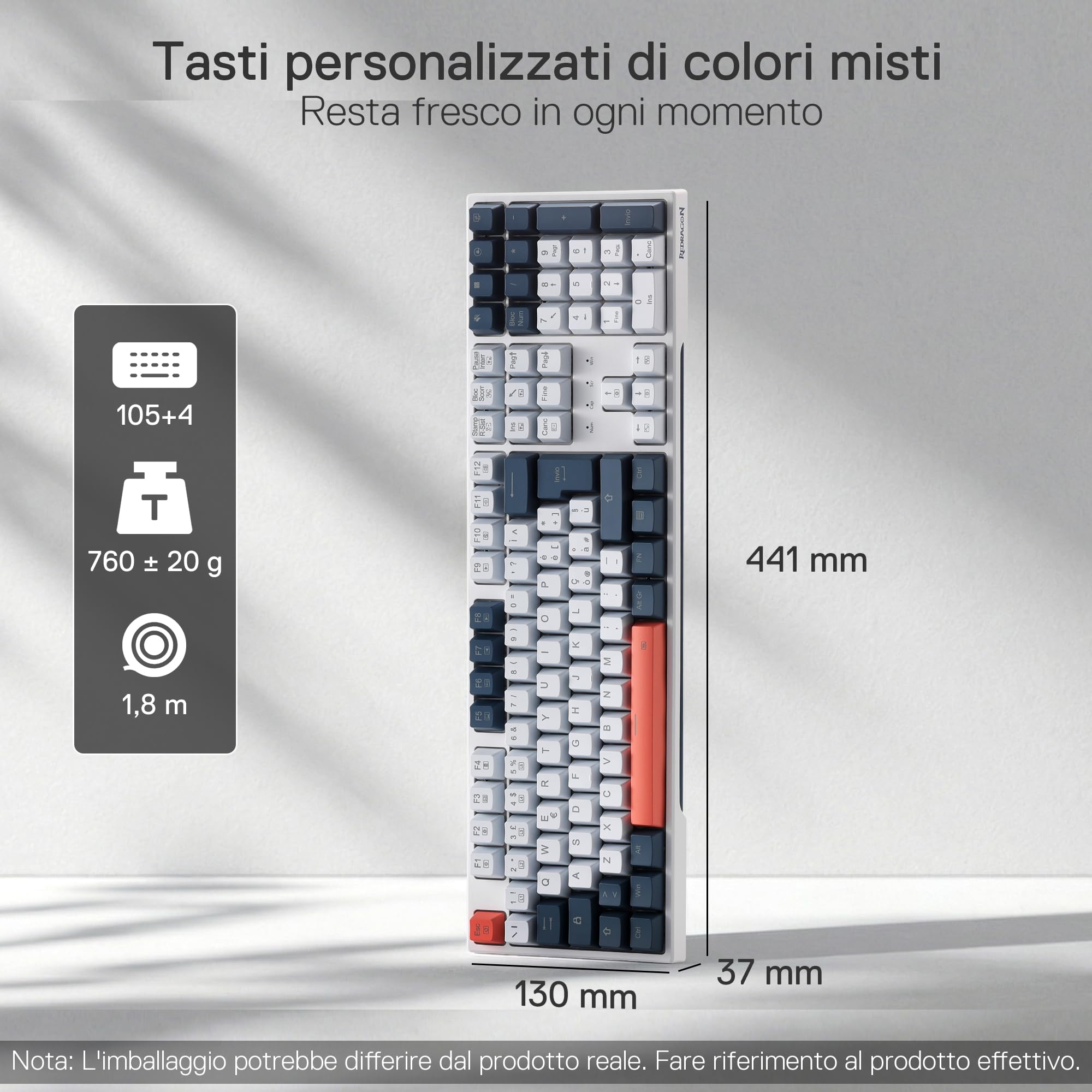 Redragon K668 RGB Tastiera Gaming Meccanica Cablate 109 Tasti Hot-Swappable Interruttori Rossi QWERTY Italiano