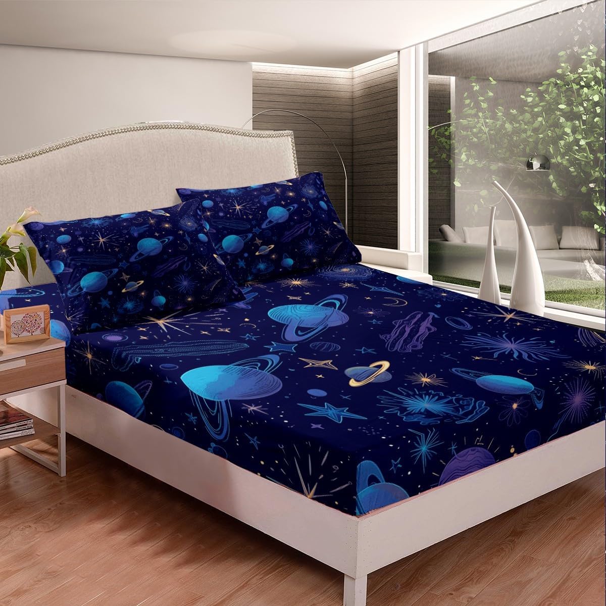 Erosebridal Blue Planet Fitted Sheet Full Size for Kids Boys Girls Psychedelic Galaxy Bed Sheets,Glitter Stars Moon Stars Bedding Outer Space Bed Cover Universe Room Decorative,Breathable