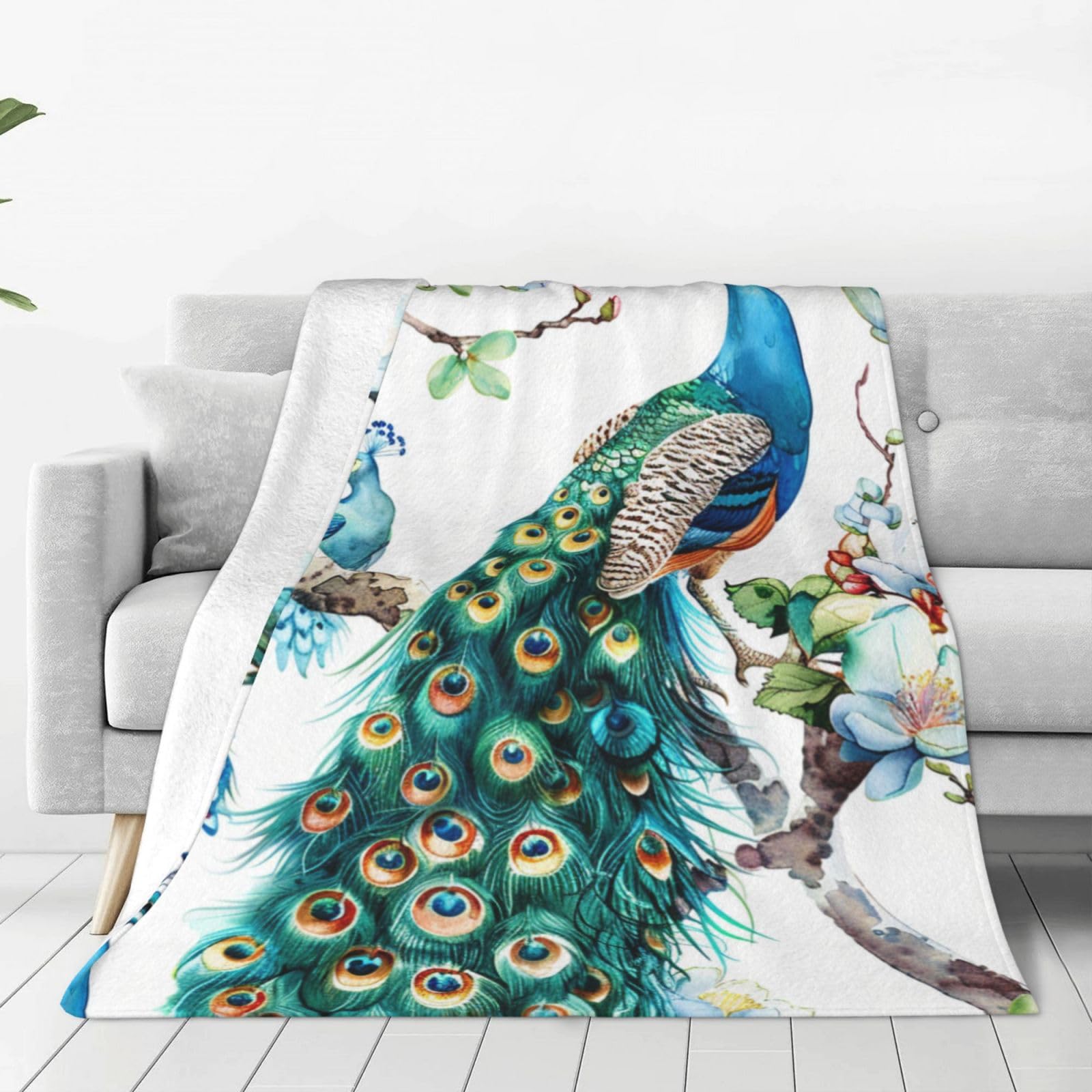 Fleece Throw Blanket Super Soft and Warm Blankets Beautiful Peacock Retro Blue Bird Elegant Feather Lightweight Fluffy Plush Bed Blanket for Bedding Sofa Chair Camping , All Season Use 50"x40"