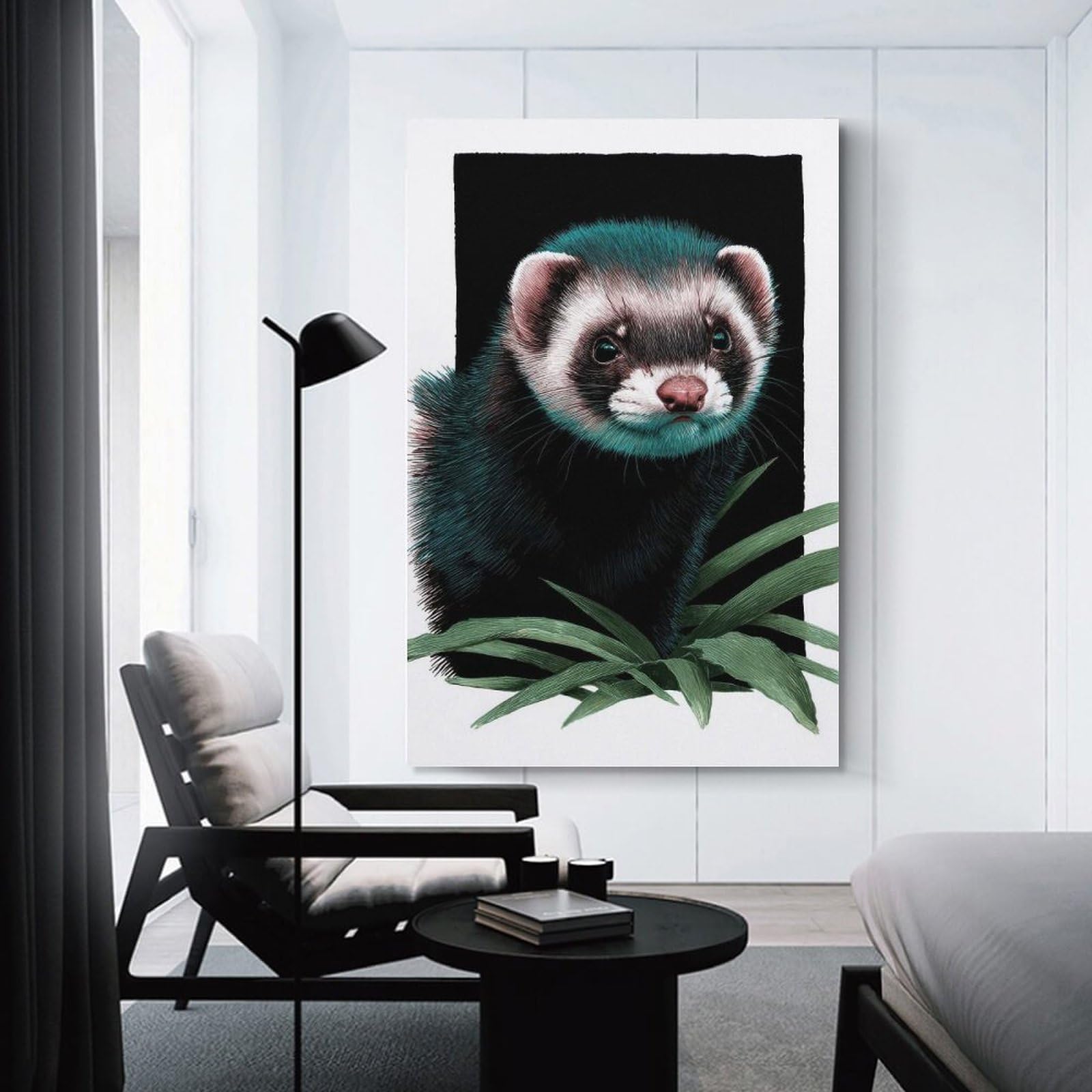 Junmoney Intricate Ferret Portrait with Botanical Detail Hanging Wall Art 12x18inch(30x45cm), for Bedroom Walls, Guest Spaces Or Lounges, Home Artwork with A Soft Interior Feel