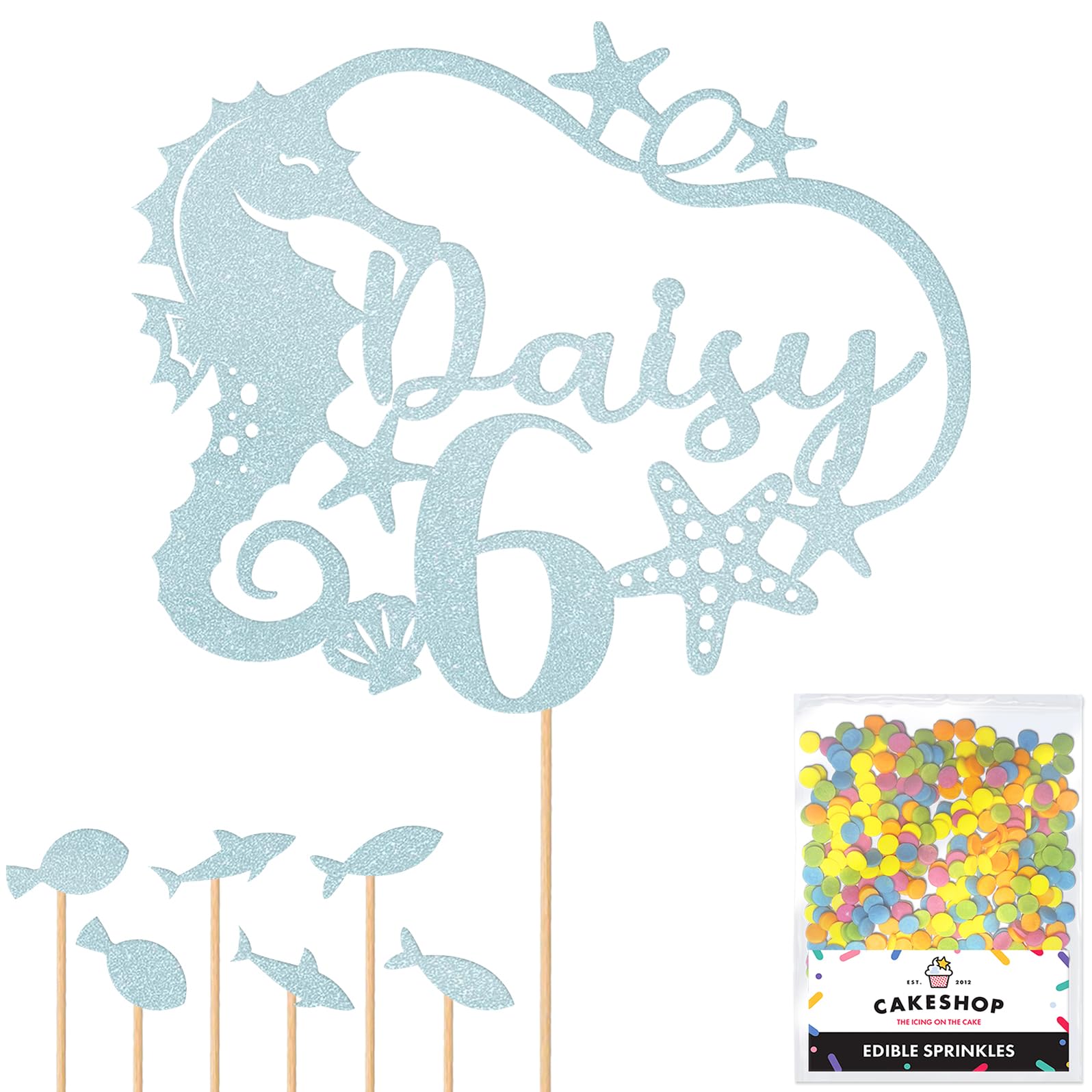 Personalised Birthday Seahorse Glitter Cake Topper- Light Blue Any Custom Age & Name Glitter Cake Decoration and Sprinkles - Happy Birthday Decorations - Personalised Toppers for Cakes by Cakeshop โ image 1
