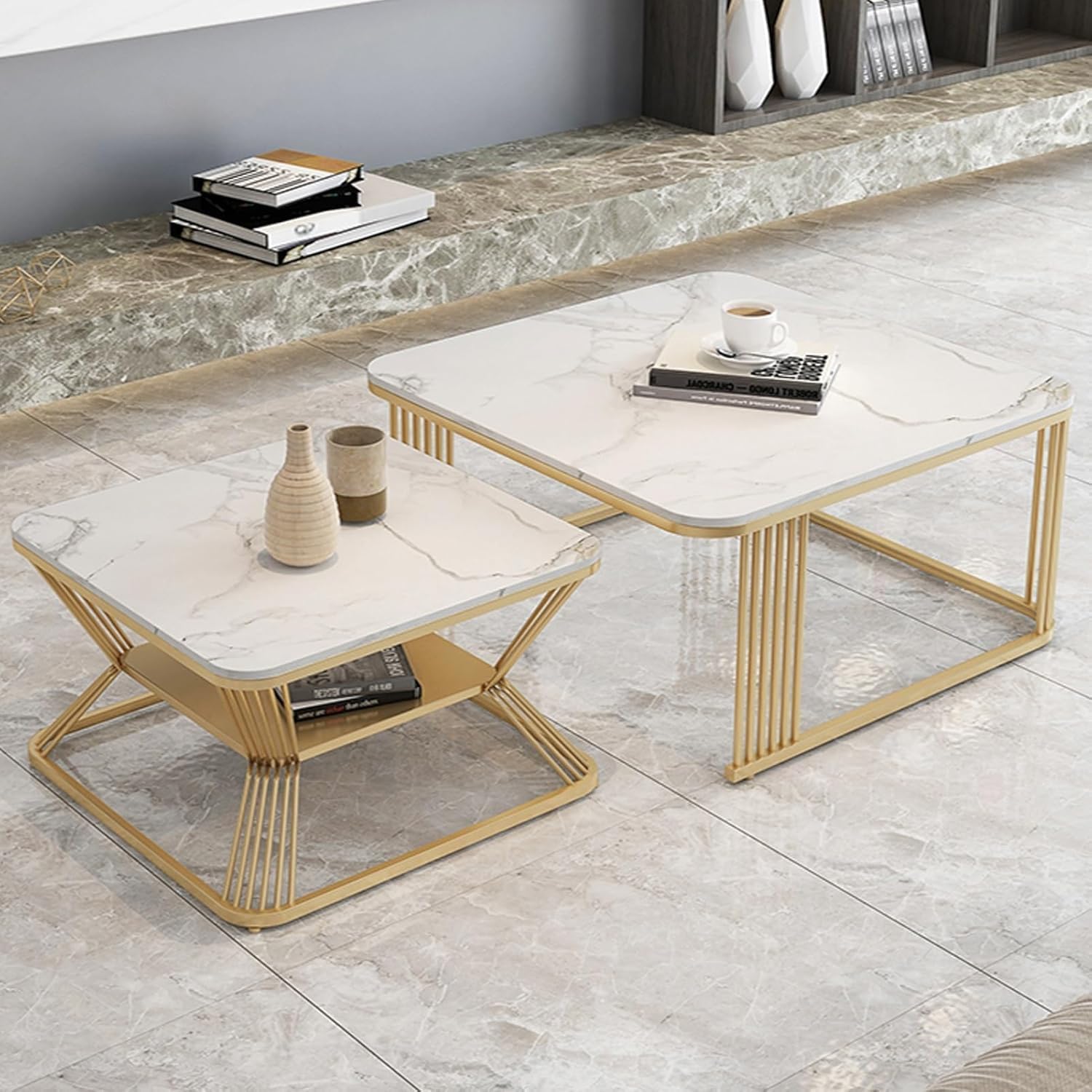 Furniture Café Modern Nesting Square Coffee Table Set of 2 – White Marble Top with Gold Metal Frame, Living Room Accent Center Table with Storage Shelf-image-22