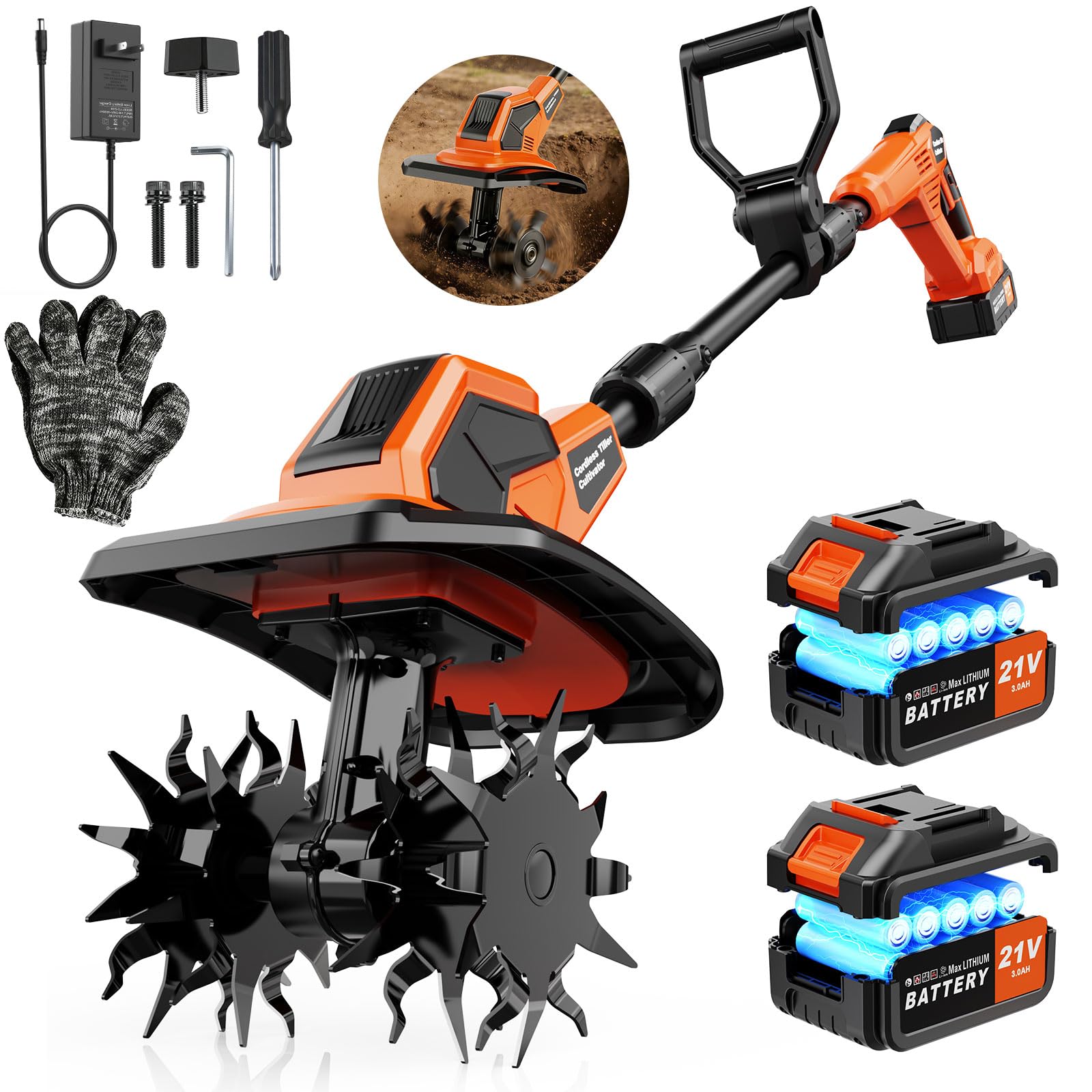 Motozappa elettrica da 21 V, con 2 batterie da 3,0 Ah e caricabatterie, larghezza di lavoro 23 cm, profondità 17 cm, Velocità 400 rpm, Motozappa per Orto Elettrozappa, Motozappa per terreni