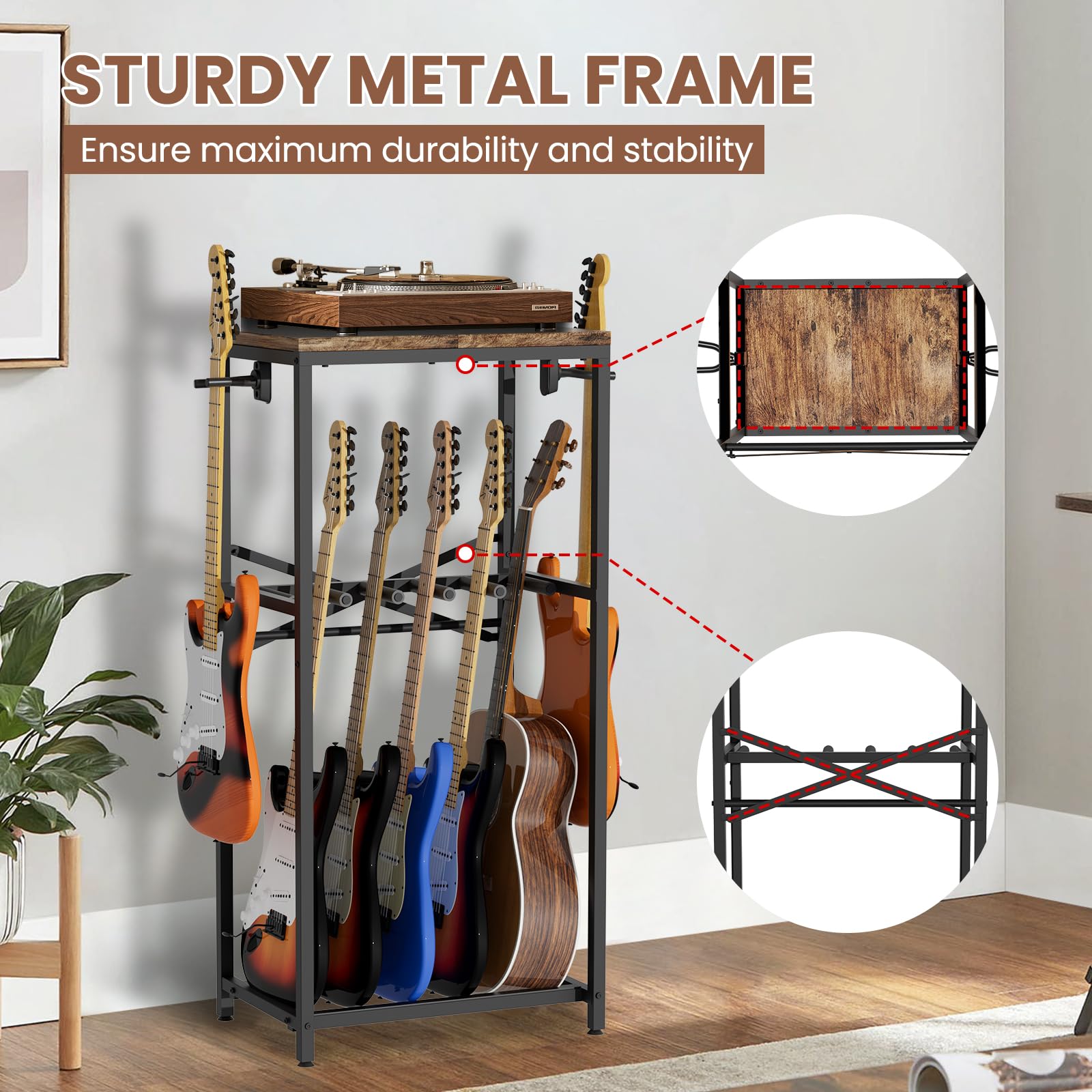 Gitarrenständer für mehrere Gitarren, Gitarrenständer für Akustikgitarre, E-Gitarre, Bass und Ukulele, rustikaler Gitarren-Präsentationsständer mit 2 Gitarrenaufhängern