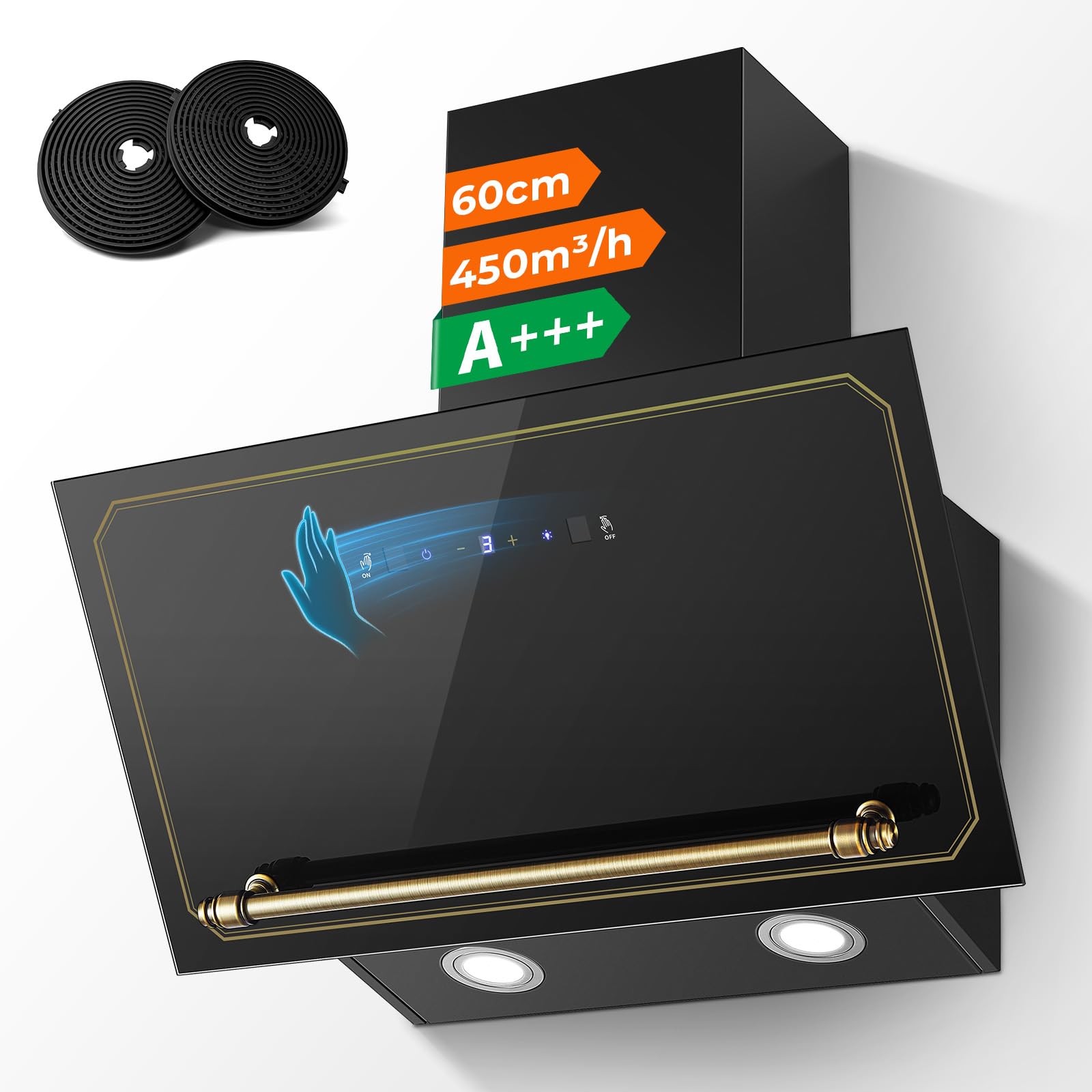 SNDOAS Hotte Aspirante 60 cm, A+++ Hotte Cuisine Silencieuse Inclinée, 450 m³/h, 3 Vitesses + Boost, Évacuation/Recyclage, Filtres à Charbon Inclus, Commandes Tactiles & Gestuelles, Noir/Or