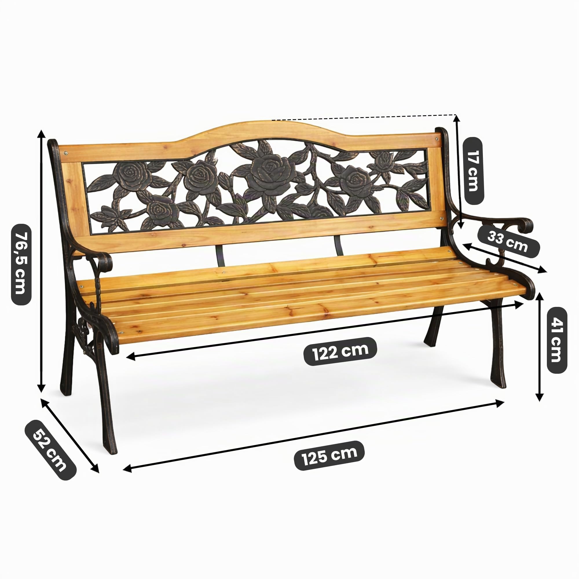AKORD Banc de jardin rose avec pieds en fonte et bois verni | Banc d'extérieur | Bancs extérieurs avec accoudoir | Bancs modernes résistants aux intempéries | Largeur 118 cm | Marron