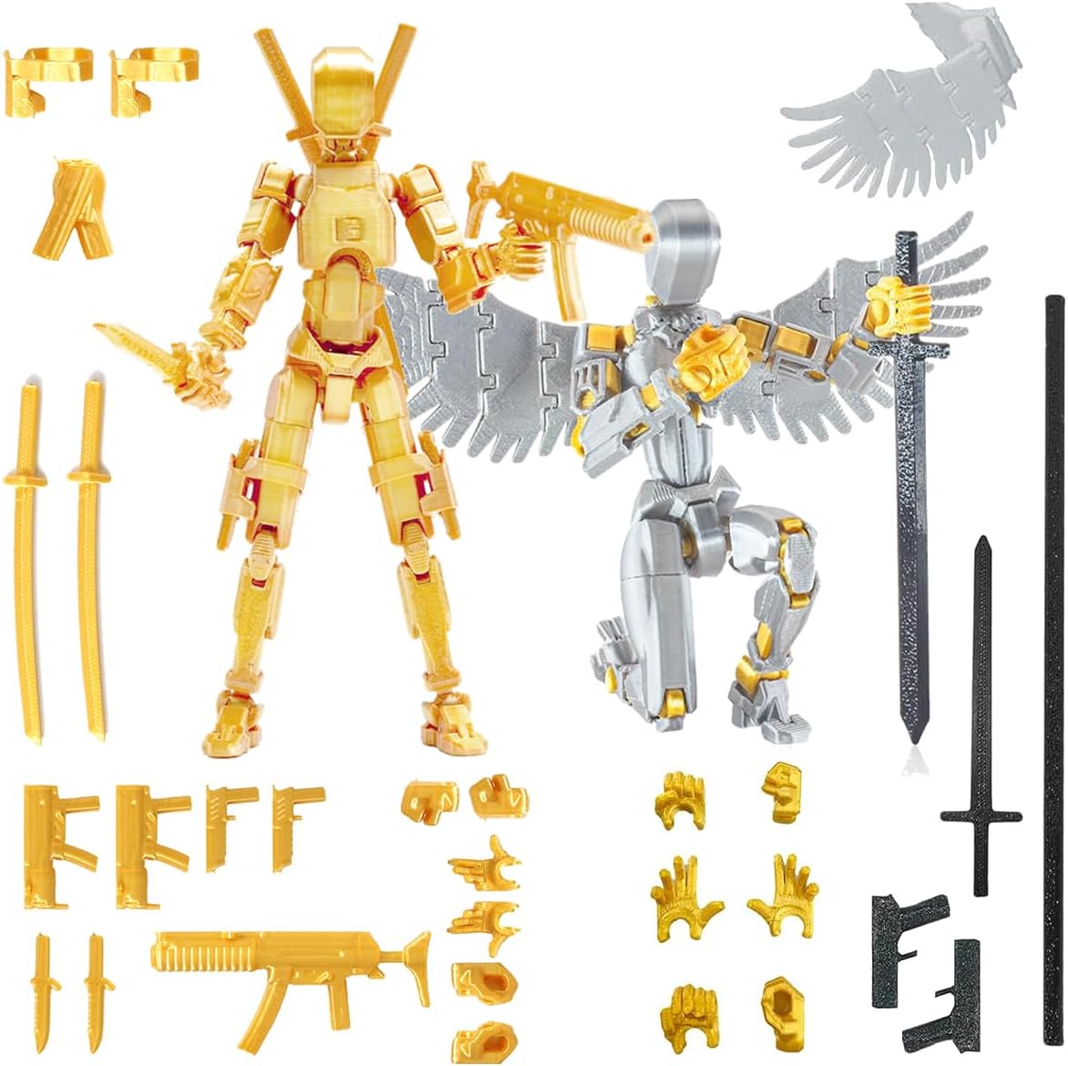 T13 3D Action Figure Set (Assembly Completed), 3D Printed Multi-Jointed, Titan 13 Action Figures, Multi-Articular Lucky Mobile Robot Nova T-13,Desktop Decorations for Game Lovers Toys (Gold/Sliver)