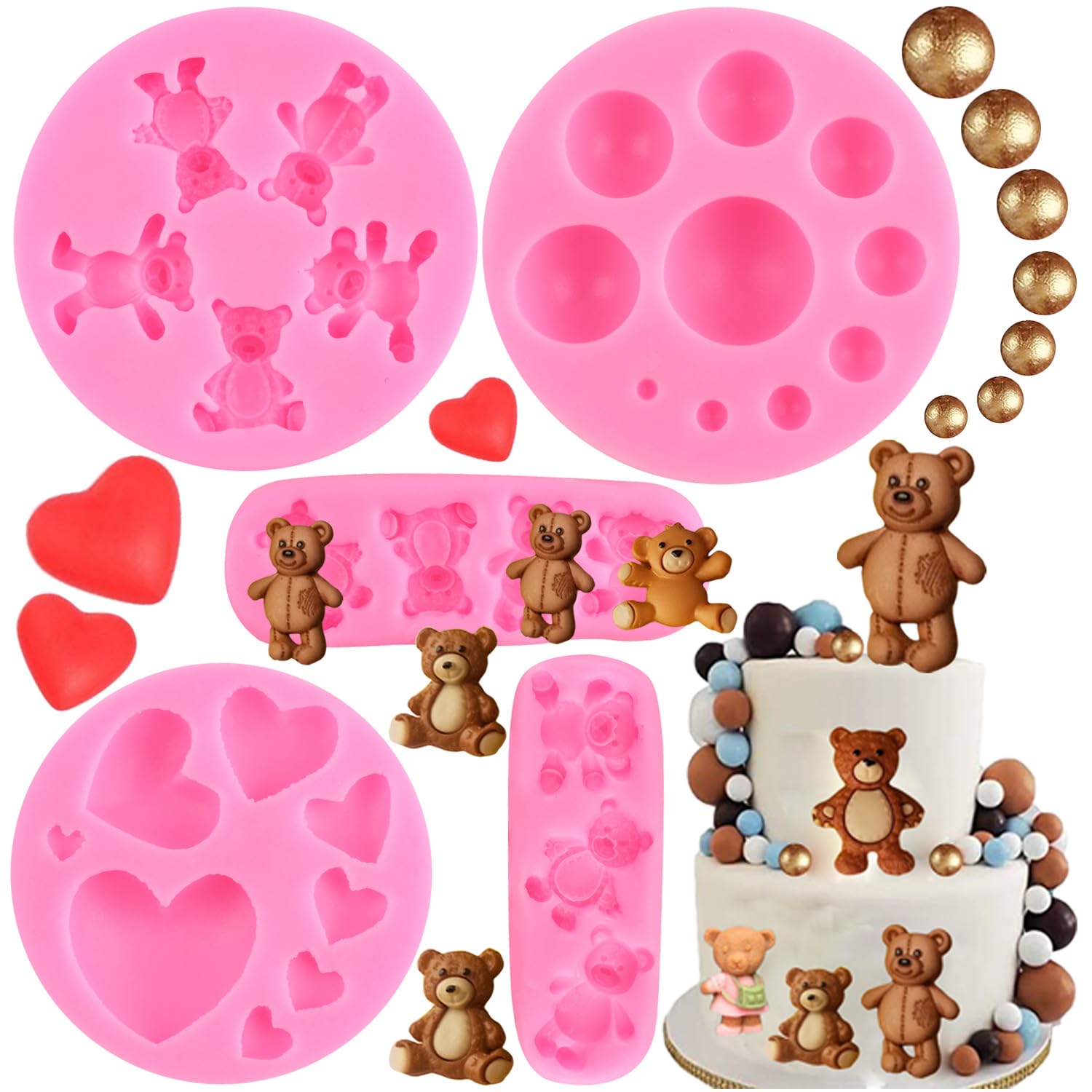 Juego de 5 moldes de silicona con forma de oso para fondant, con perlas semicirculares, para chocolate, caramelos, para baby shower, decoración de pasteles, decoración de cupcakes, pasta de