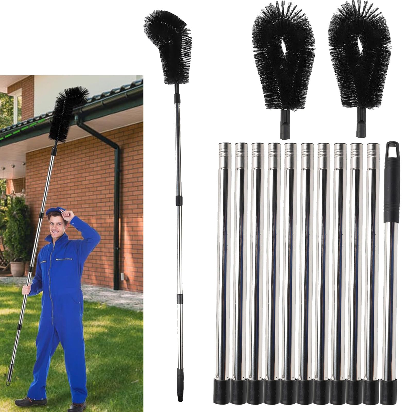 Gutter Cleaning, 14 FT Adjustable Telescopic Gutter Cleaning Tools With 2 brush heads