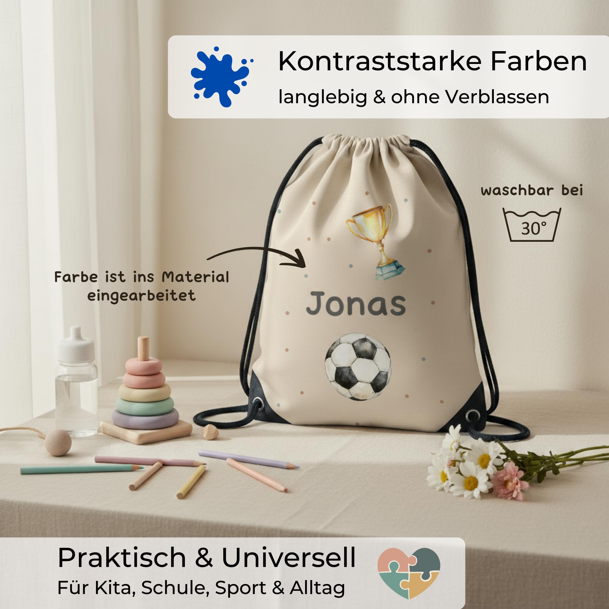 Turnbeutel mit Namen, Sporttasche Kinder, personalisierter Jutebeutel, Sportbeutel für Kita, Schule & Kindergarten (33x45cm) Stoffbeutel mit Kordelzug (Fußball) - 4