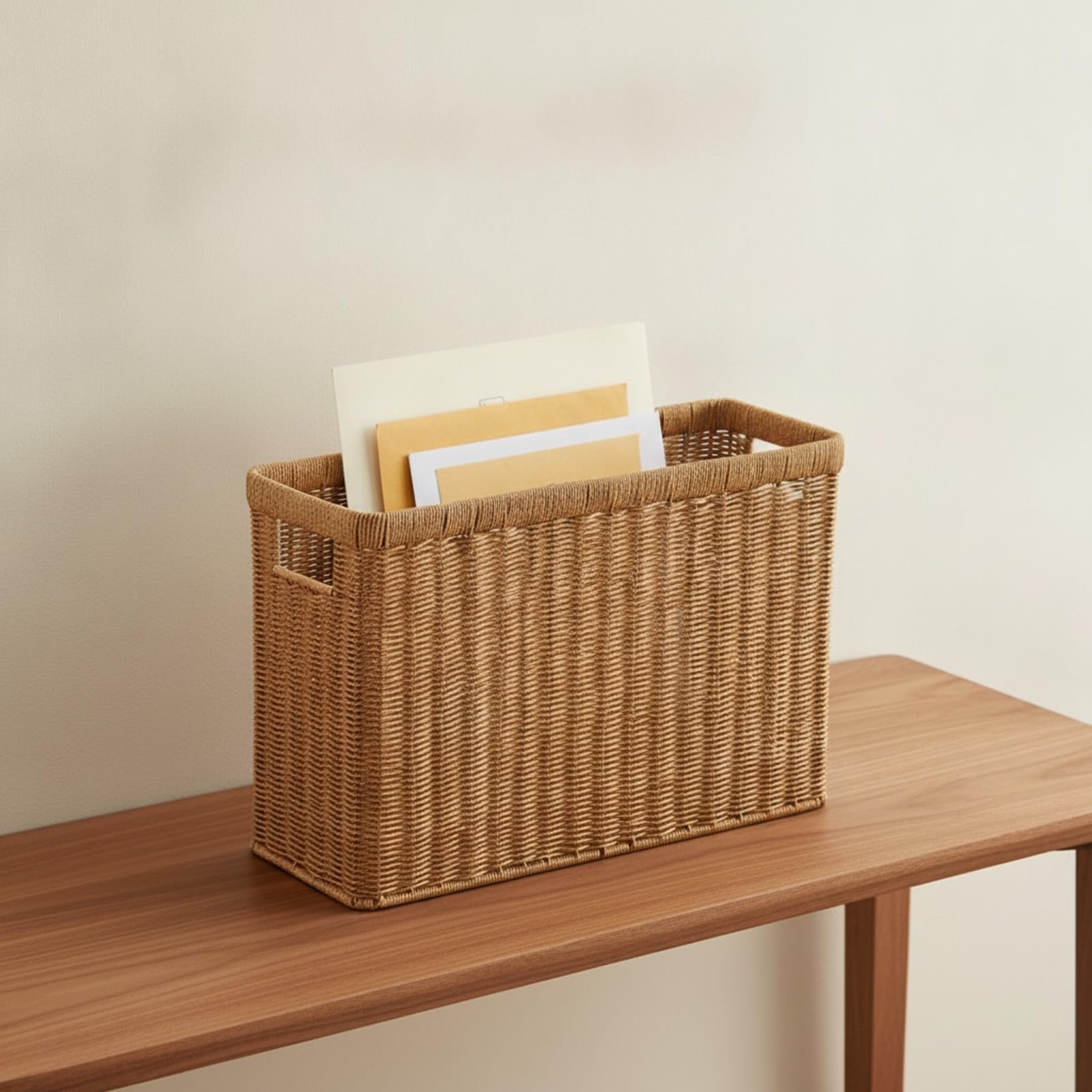 MagiDeal Panier En Imitation Rotin Rustique Bords Supérieurs Renforcés, Panier En Rotin Synthétique, pr Étagère, 38x15x26cm, Couvercle