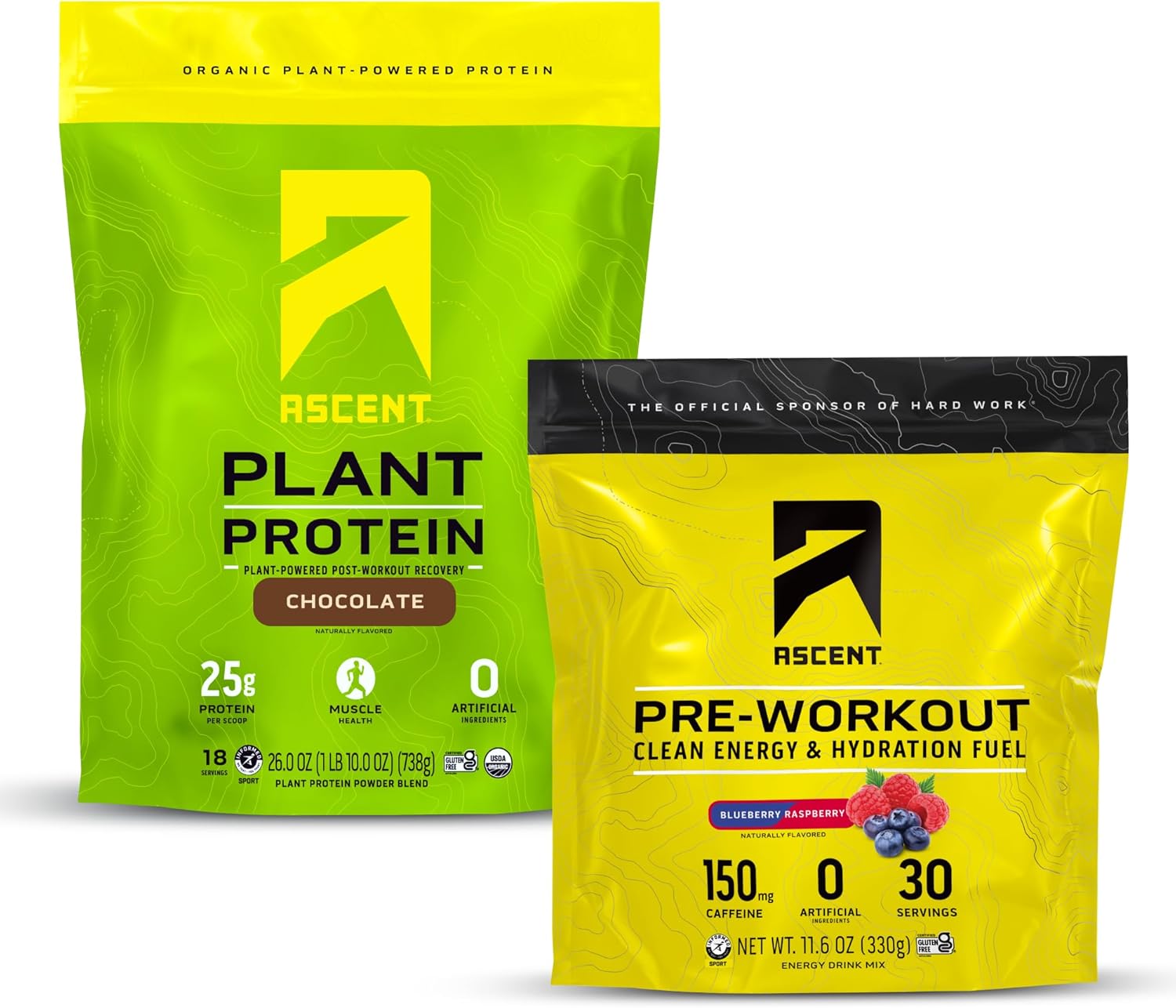 Ascent Pre Workout Powder Blueberry Raspberry 30 Servings