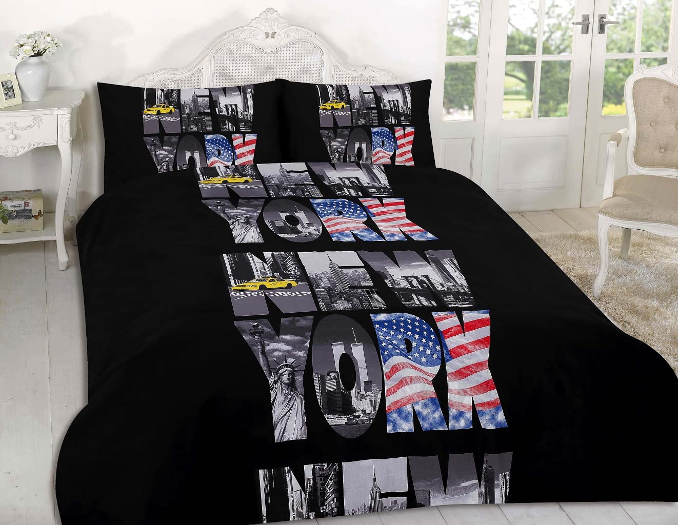 oceanevo® Printed Duvet Covers with Pillowcases Reversible Quilt Cover Soft Polycotton Luxurious Bedding Sets (Single, New-York Black)