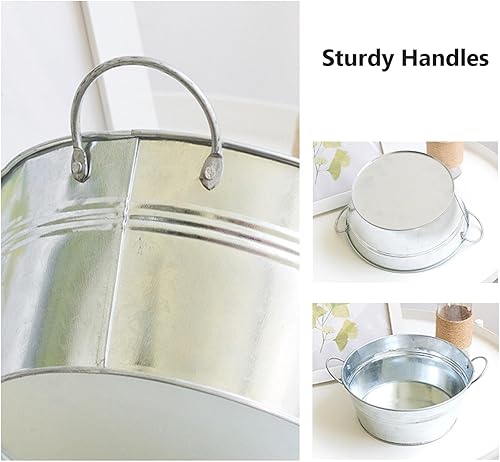 Miniatura 3 de Cubo de hielo galvanizado, 2 piezas de 8 pulgadas redondo galvanizado con asas resistentes, maceta de metal rústico, bañera de bebidas para plantar,
