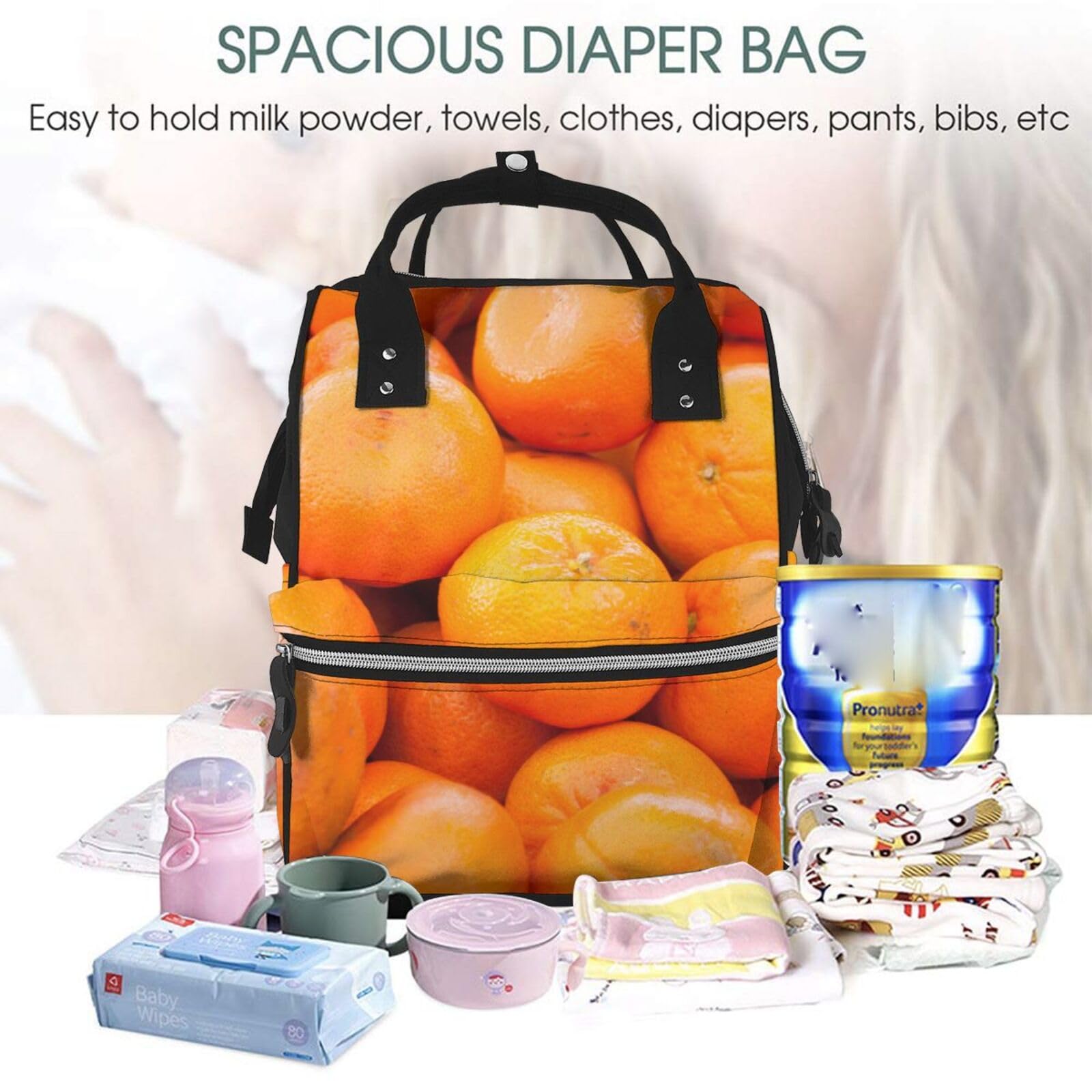 Bolsa de pañales con estampado naranja, multifunción, grande, para viajes, para mamá y papá, color negro, talla única, Negro, talla única