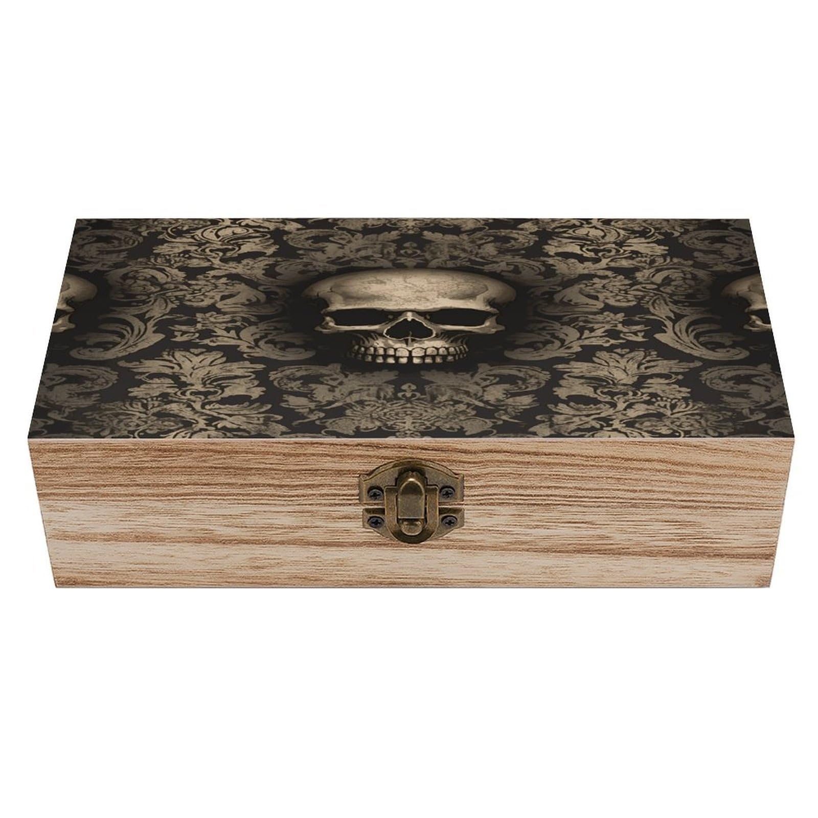 JTREHY Gothic Wallpaper Skull Wooden Keepsake Box Vintage-Style Wood Keepsake Case with Hinged Lid Solid Wood Boxes Beautifully Memory Treasure Case Vintage-Style Wooden Storage Box
