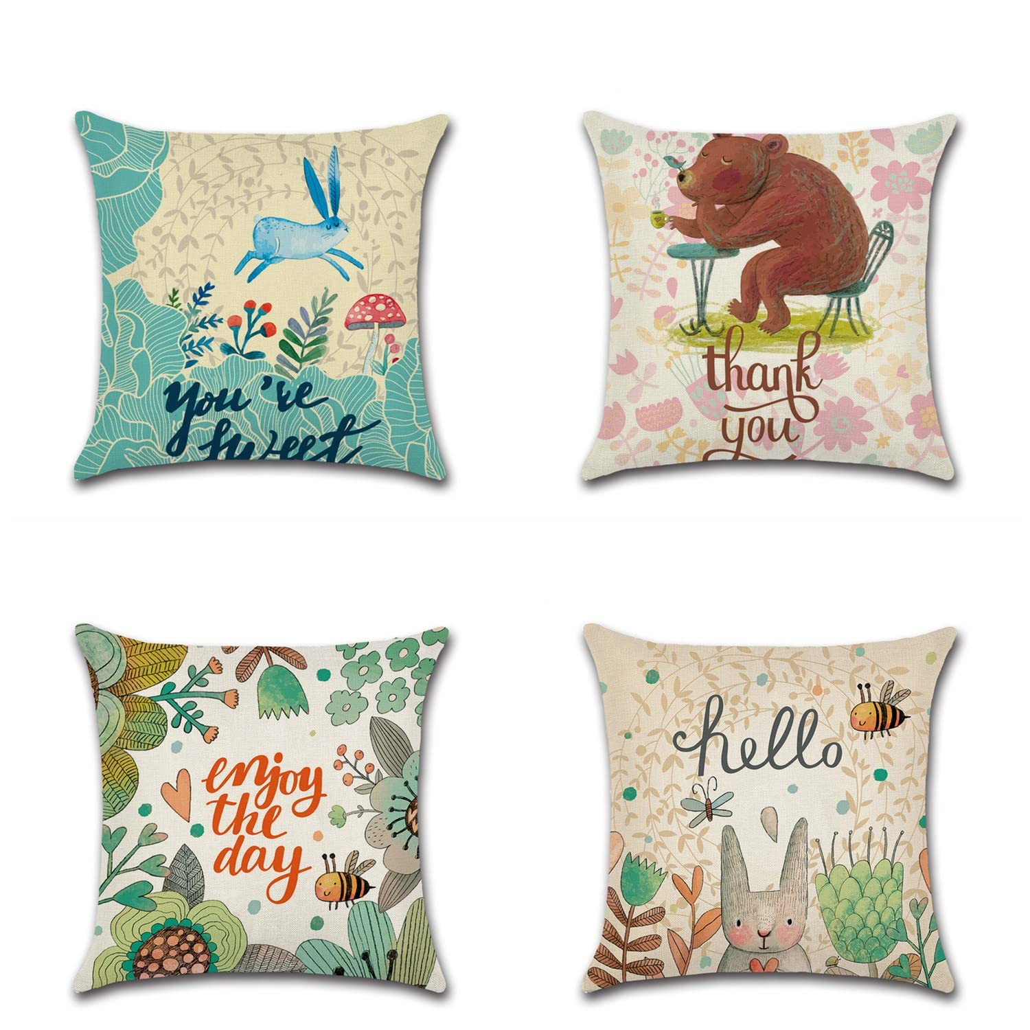 Memyme Hand Painted Throw Pillow Covers Set of 4,Jungle Animals Lion Bear Bee Rabbit Cushion Case Home Decor,for Sofa,Bed,Couch,Car 18”×18”(Color:B)