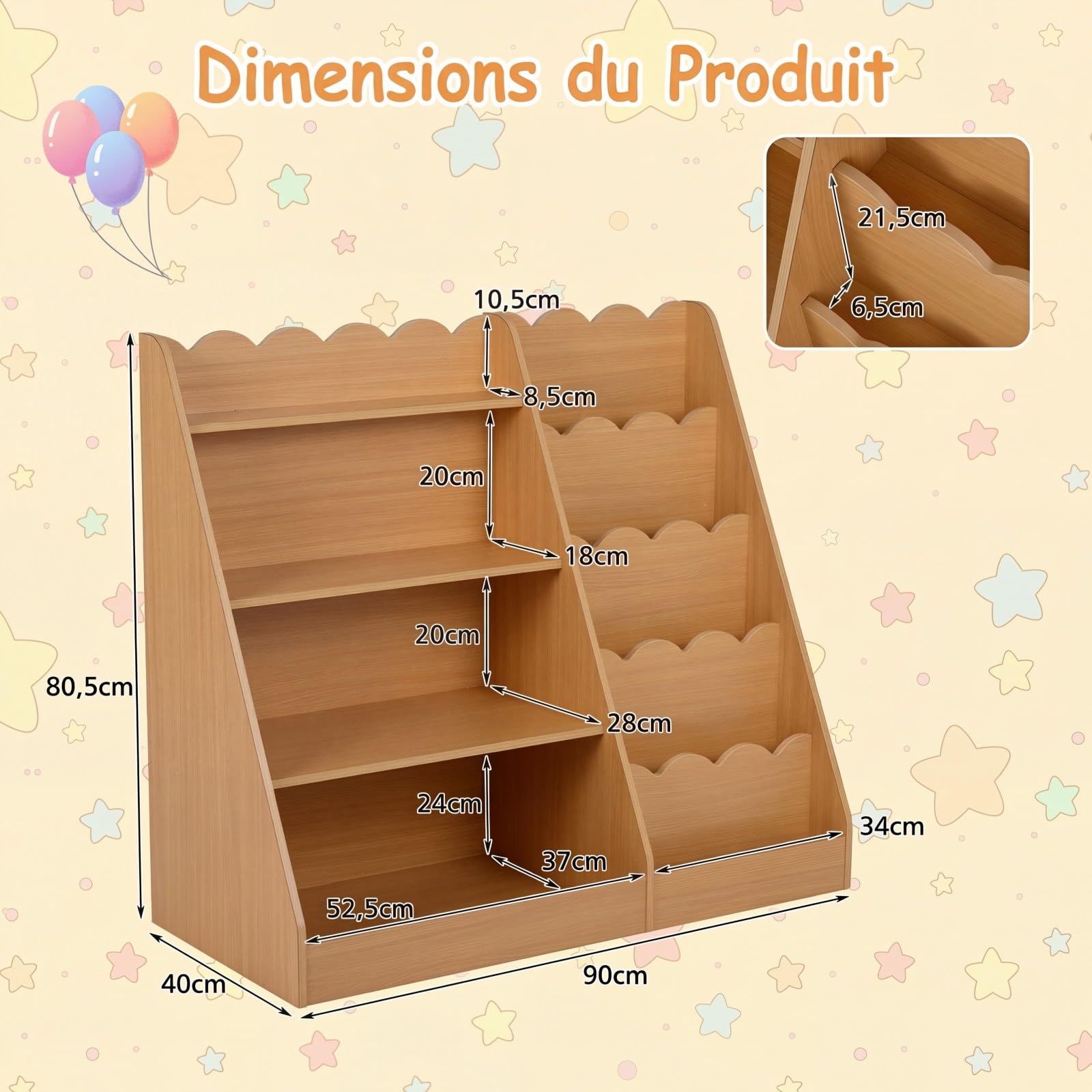 COSTWAY Bibliothèque Enfant Montessori avec 5 Niveaux Ondulés, 4 Étagères Ouvertes, Étagère à Livres en Bois avec Kits Anti-basculement, Meuble Rangement pour Chambre Salle de Jeux Crèche (Naturel)