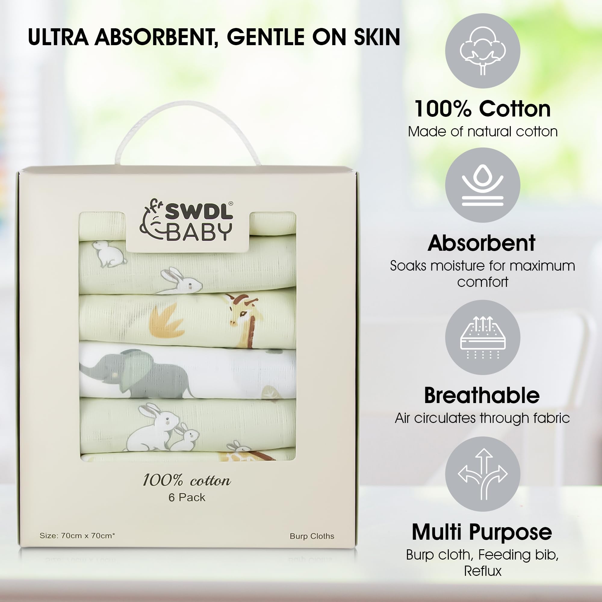Large Baby Muslin Cloths - 100% Cotton Muslin Squares (Pack of 6, 70 x 70 cm), Safari Edition Baby Muslins, 70cm x 70cm - Image 4
