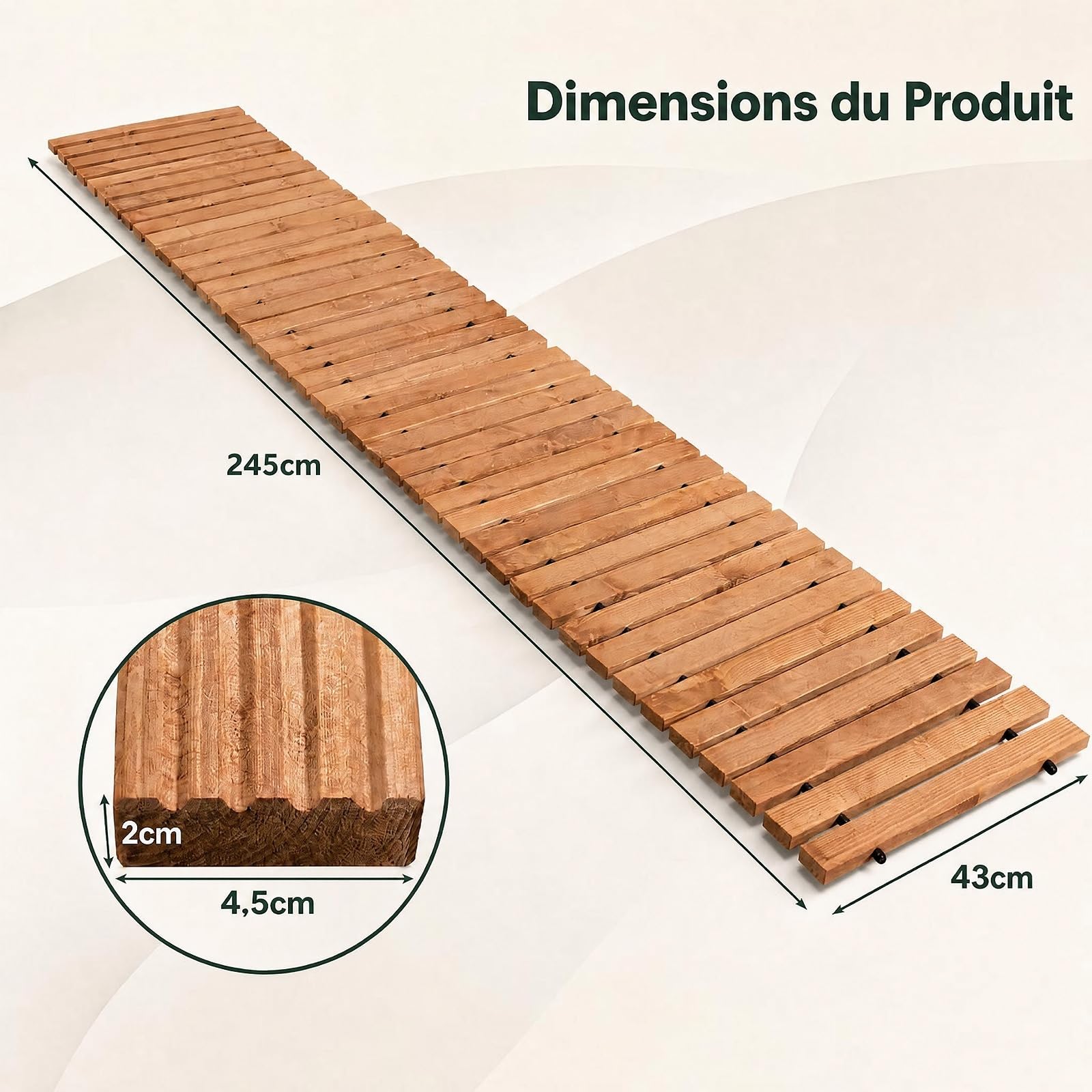 GYMAX Chemin de Jardin en Bois de Sapin Enroulable, 245 x 55 cm | Allée de Jardin avec Surface Antidérapante, Design Portable Compact, Décorative pour Plage Terrasse Pelouse et Cour