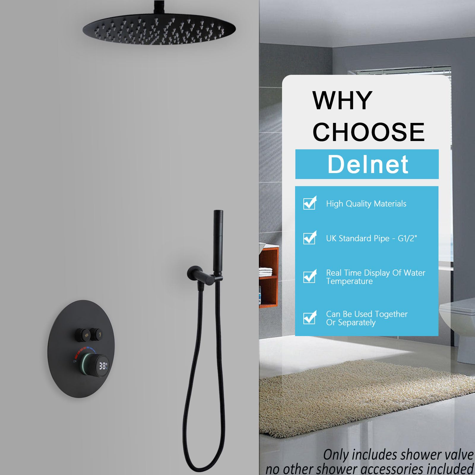 Delnet Round Concealed Mixer for Shower Dual-Function Shower Valve with Digital Display, Can Use All Options at A Time - Image 2