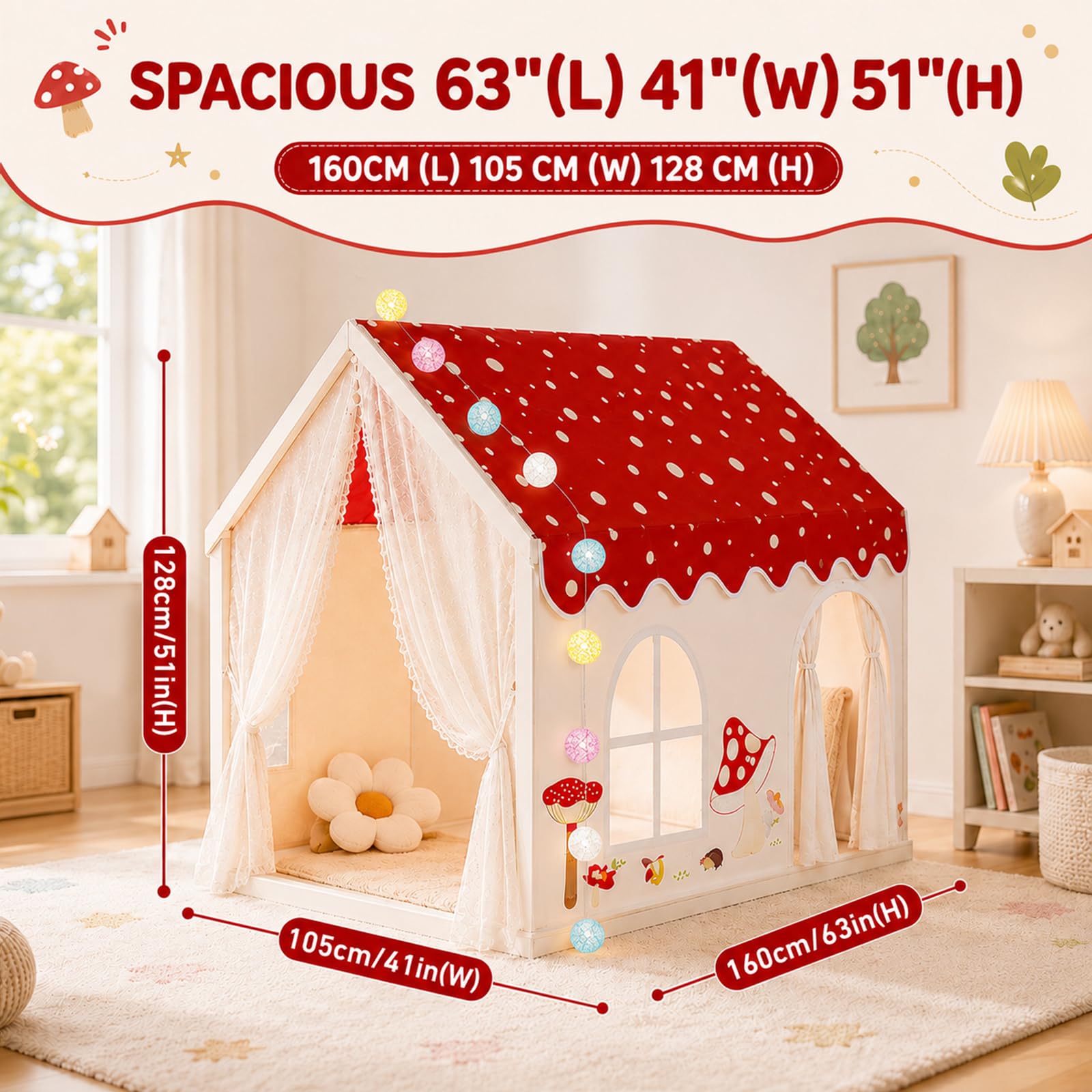 2 Türen Kinderzelt Indoor, Kinder Spielhaus Indoor, Kinder Bettzelt Spielzelt für Drinnen, Kinderspielhaus Kuschelecke Prinzessin Zelt mit Fenstern Lichterkette für Jungen Mädchen 105x160x128cm