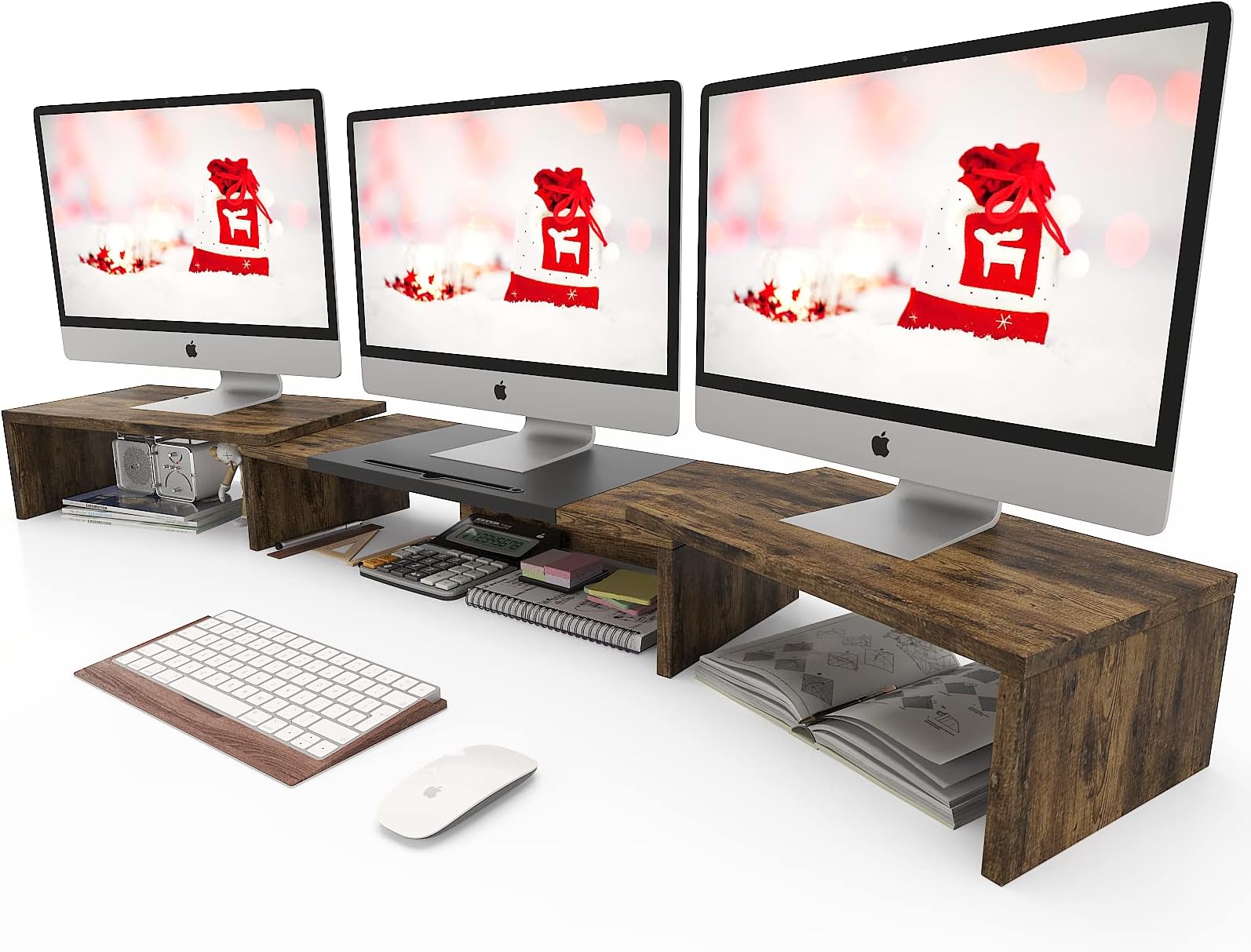 Triple Monitor Stand Riser with Pad Holder, Wood Desktop 3 Shelf Computer Monitor Stand with Adjustable Length and Angle, Conor Monitor Riser Shelf, Brown