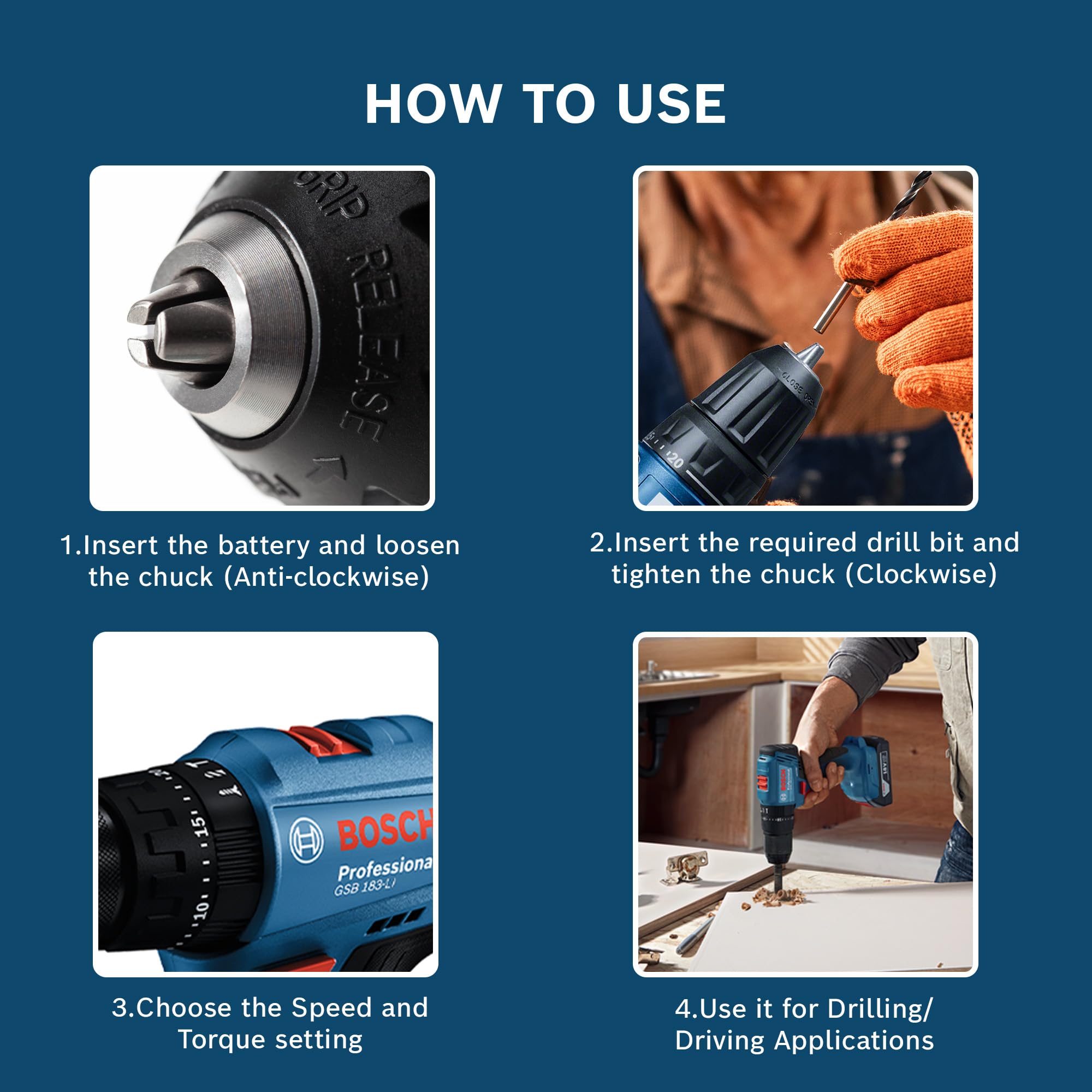 BOSCH GSB 183-Li Professional Impact Drill Kit | Brushless Motor | Speed (1st/2nd)- 374-484/1402-1815 RPM | Chuck Size 10 mm | Manufacturing & Construction | 1 Battery & 1 charger| 1 Yr Warranty 3