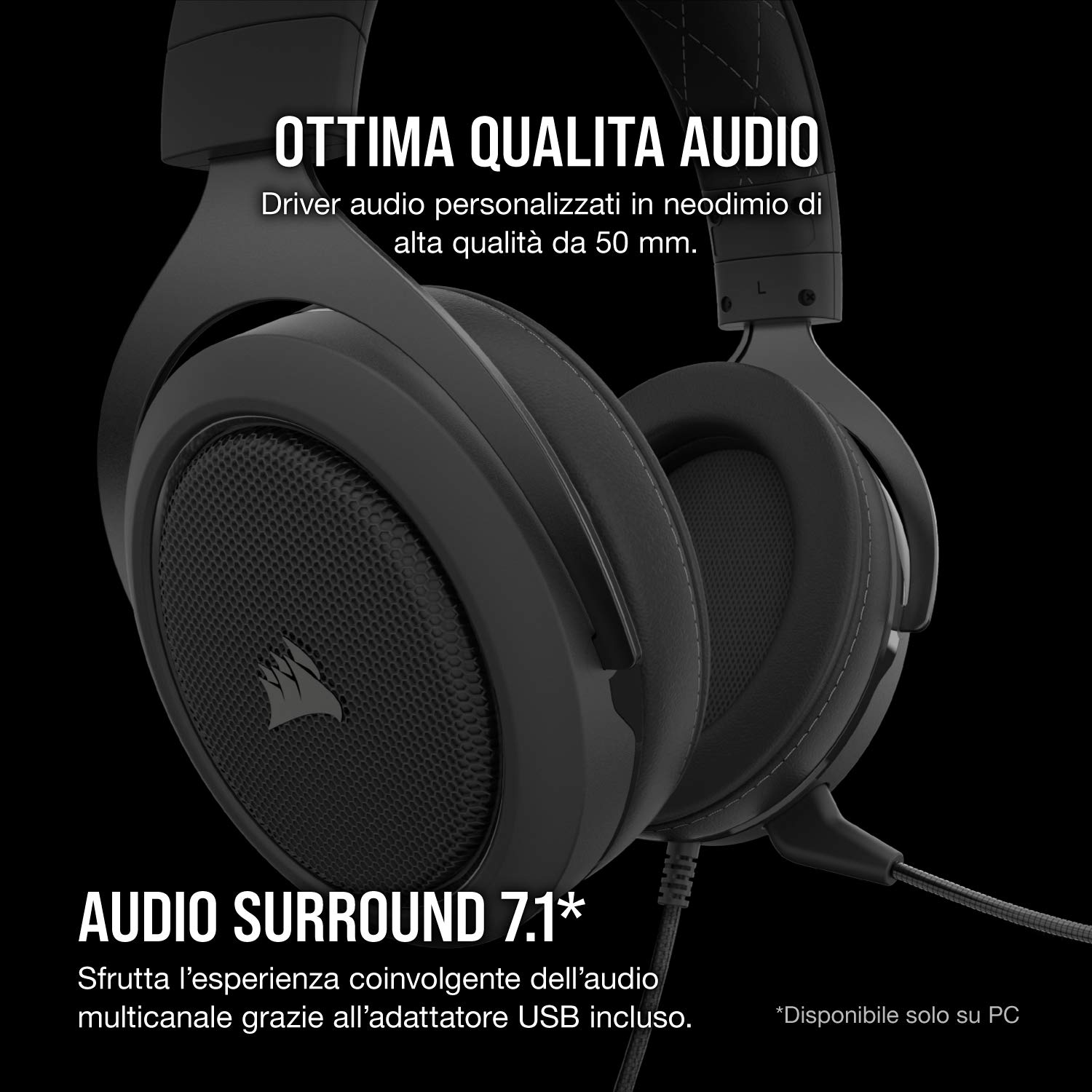 Corsair HS60 Pro Surround Cuffie Gaming con Microfono, Audio 7.1, Memory Foam, Rumore, Nero