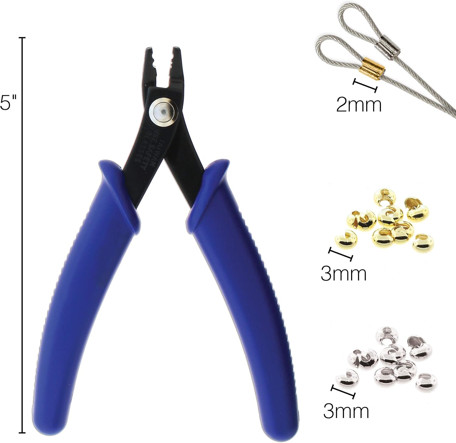 The Beadsmith Crimping Set, Crimp Forming Pliers 5-1/8', 2x2mm Crimp Tubes and 3mm Crimp Bead Covers in Silver and Gold, Create Smooth, Rounded Crimps Every Time, No Sharp Edges