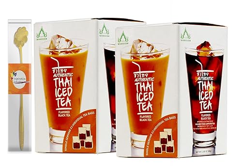 WANGDERM Auténtico té helado tailandés instantáneo con sabor a té negro, 23 bolsas individuales, 2.8 onzas (2.82oz) con cuchara de té gratis (2