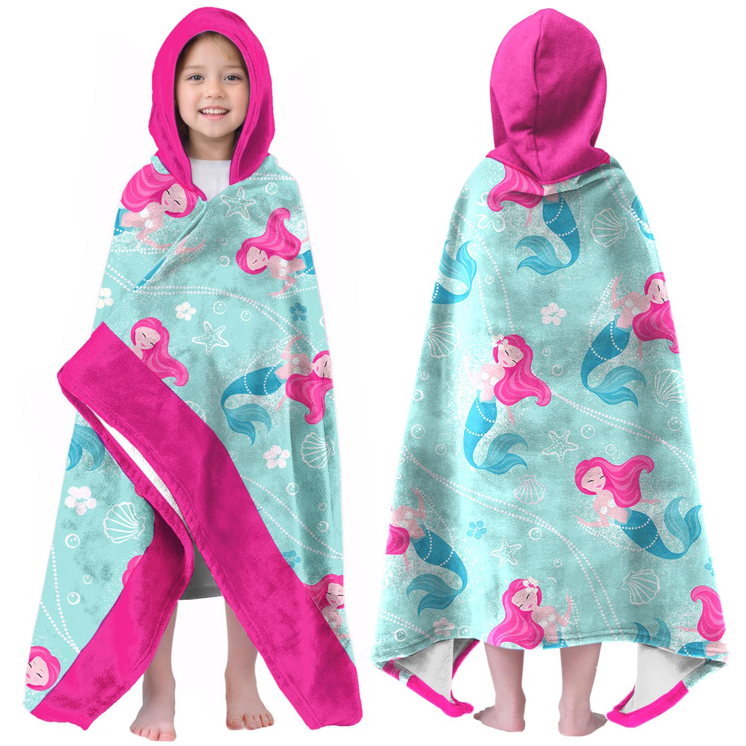 Meerjungfrau Mädchen Strandtuch mit Kapuze für Kinder Kleinkinder Alter 4-8 Jahre Rosa Blau Badetücher Duschtuch für Mädchen Kapuzenponcho Stranddecke für Pool Schwimmen Niedliches tragbares