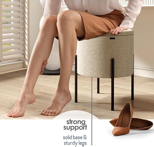 Miniatura 5 de Otomana redonda StorageBud con almacenamiento, otomana de almacenamiento de bouclé, taburete otomano para pies, taburete de tocador de maquillaje,