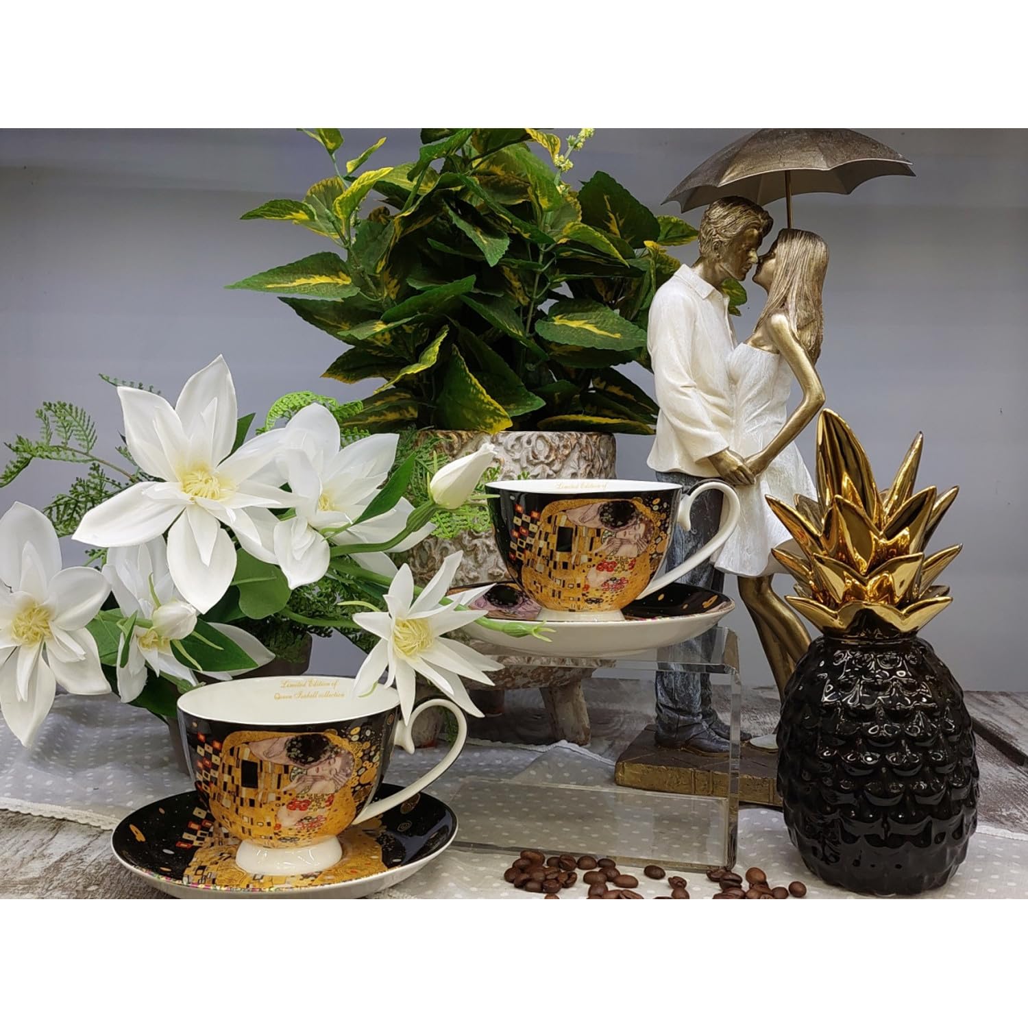Set de 2 tasses en porcelaine Klimt The Kiss, 250 ml, porcelaine fine délicate | Boîte cadeau élégante | Motif artistique de Gustav Klimt avec boîte décorative pour les connaisseurs