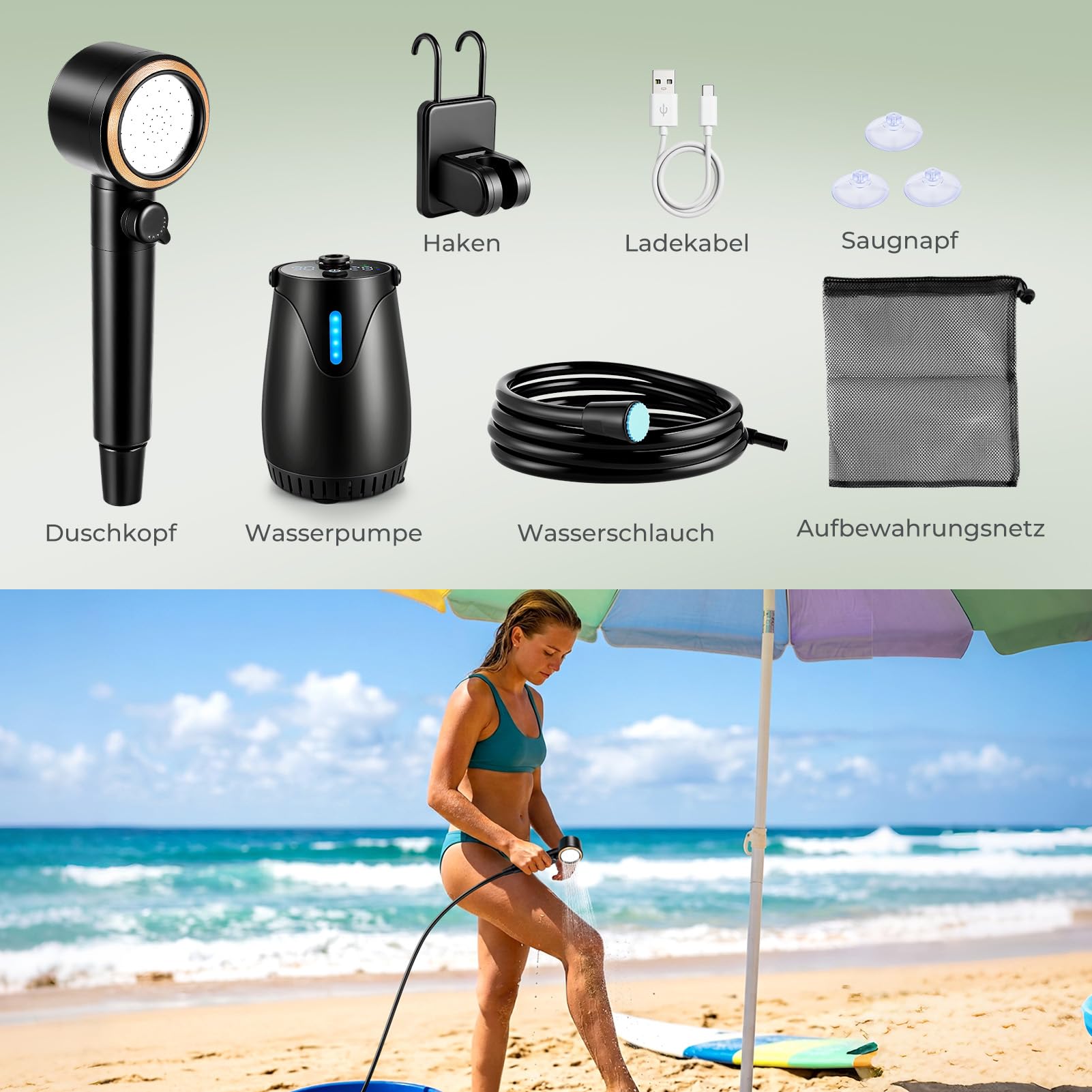 Campingdusche Tragbare mit 8000mAh Akku, Outdoor Dusche mit 3 Wasserabgabemodi, Mobile Dusche mit Temperaturanzeige & Schlauch, Sicher für 0-50°C, für Camping, Wandern, Haustiere