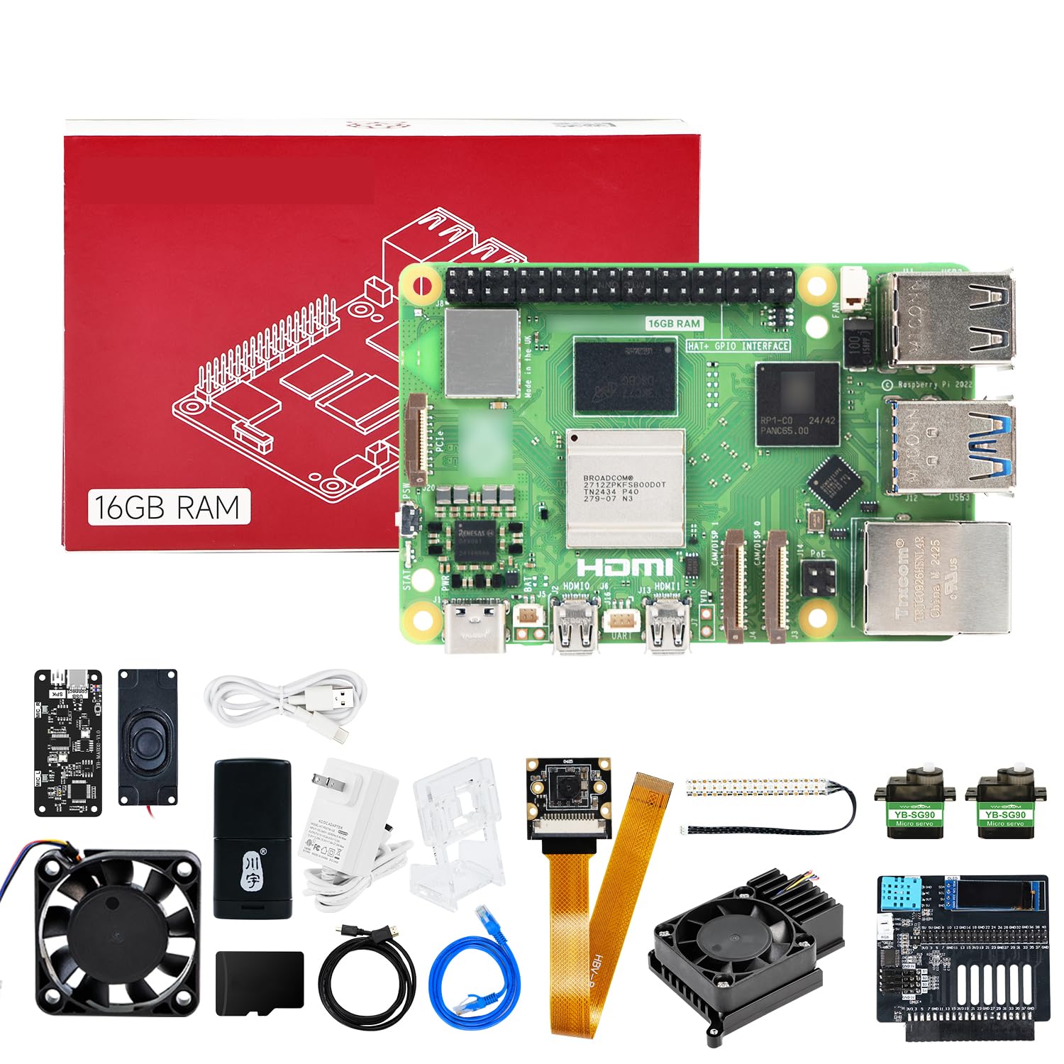 Yahboom Raspberry Pi 5 16GB Development Kit with AI Large Model Voice Module, PD Power Supply, Openclaw Expansion Board, Support Expansion Servo