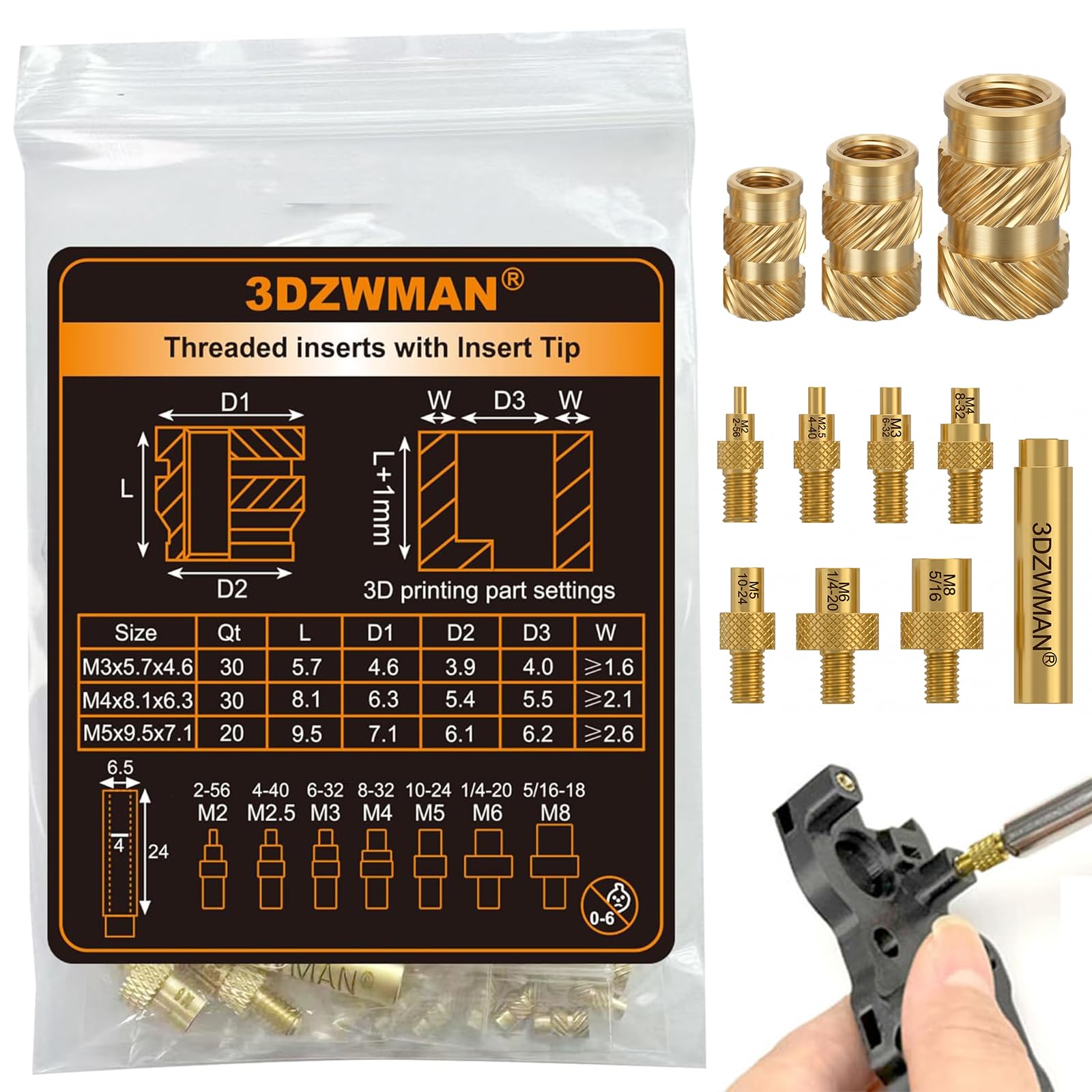 3DZWMAN 80PCS M3M4M5 Tall Threaded Inserts for 3D Printed and Plastic Parts — image 1