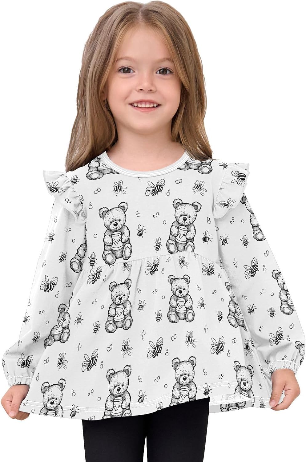 visesunny Toddler Clothes for Girls Bee Bear Honey Long Sleeve Fall Shirts Cotton Top with Ruffle Collar