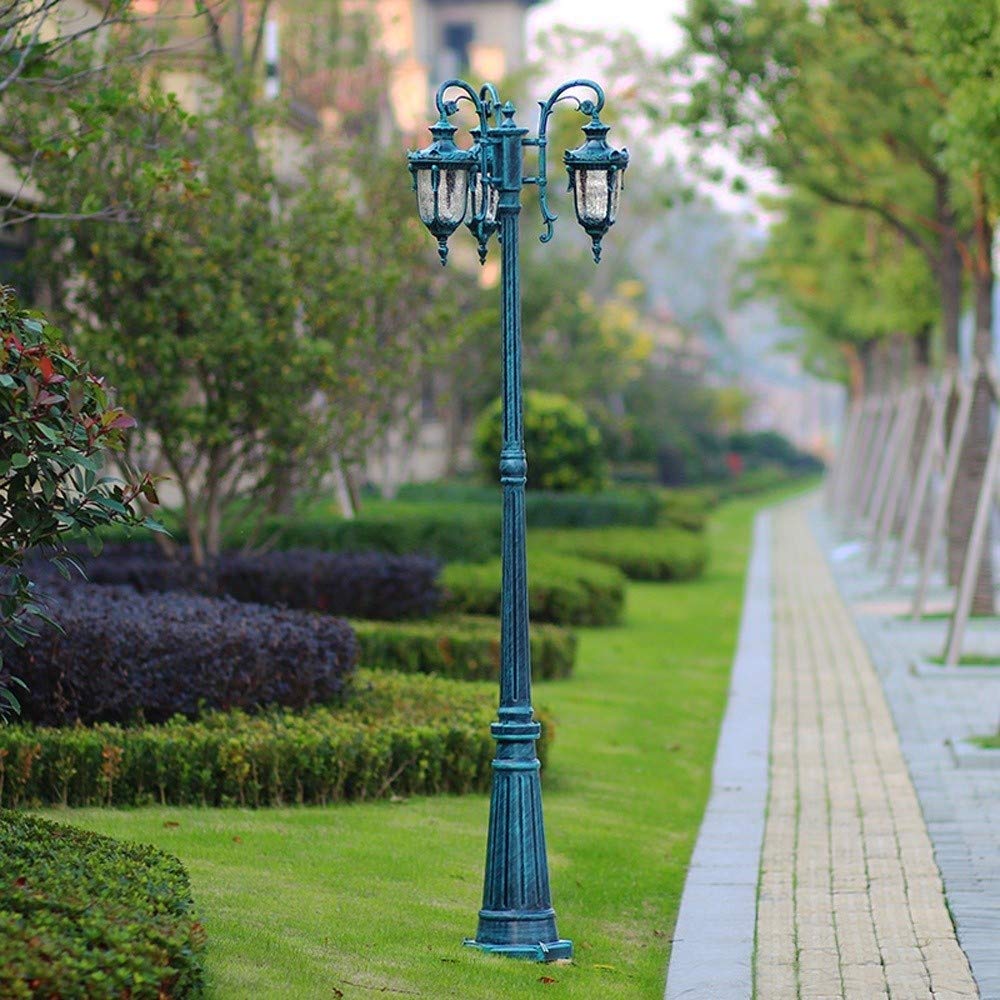Vintage 205cm Outdoor Metal Patio Light European 3-head E26/E27 LED Street Column Lights Contemporary Glass High Pole Landscape Lantern Garage Gazebo Fence Patio Lighting