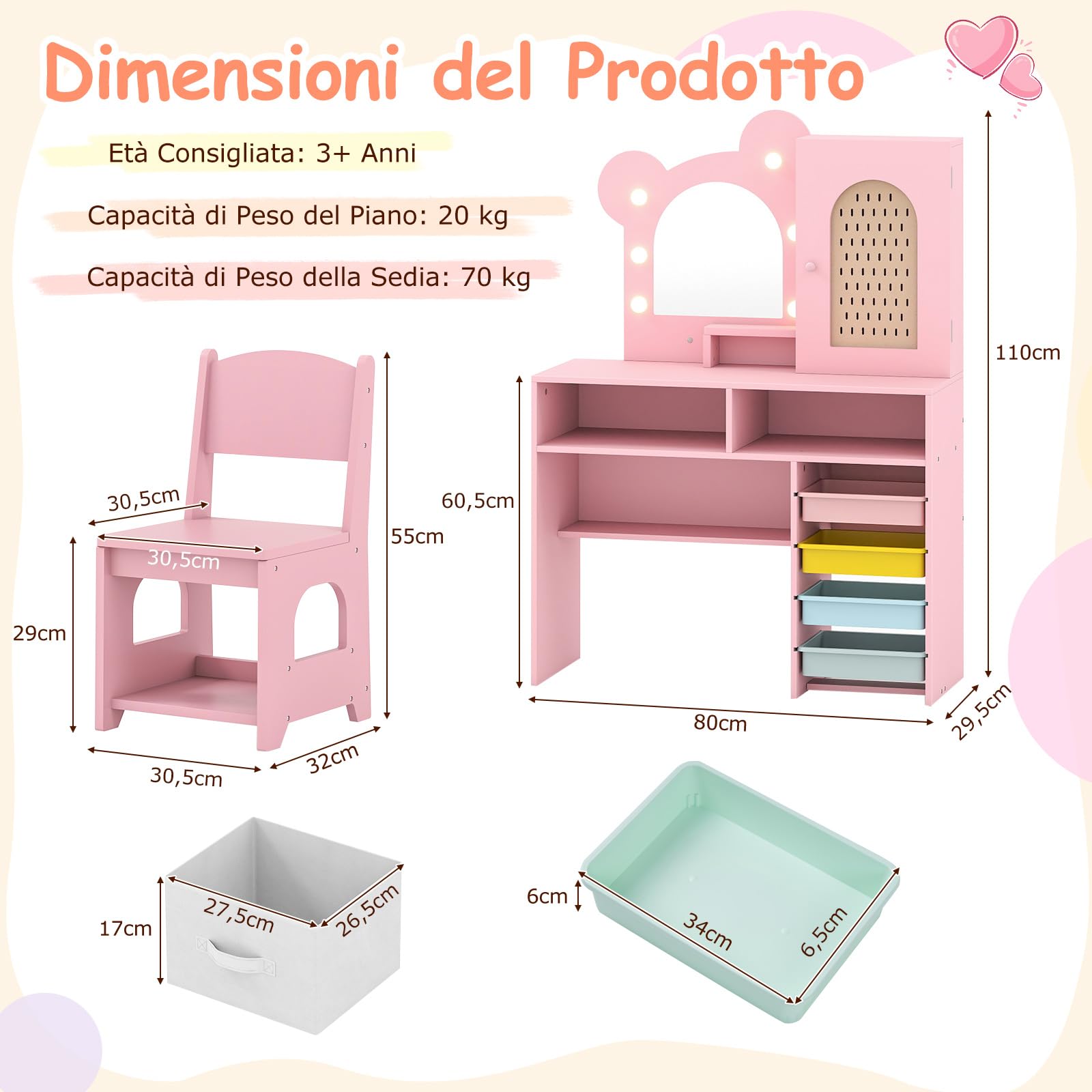 RELAX4LIFE Toeletta Trucco per Bambini con Luci, 3 Colori e Luminosità Regolabile, Set di Tavolo e Sedia on 5 Cassetti e 2 Scomparti, Postazione Trucco per Bambini 3+ Anni (Rosa)