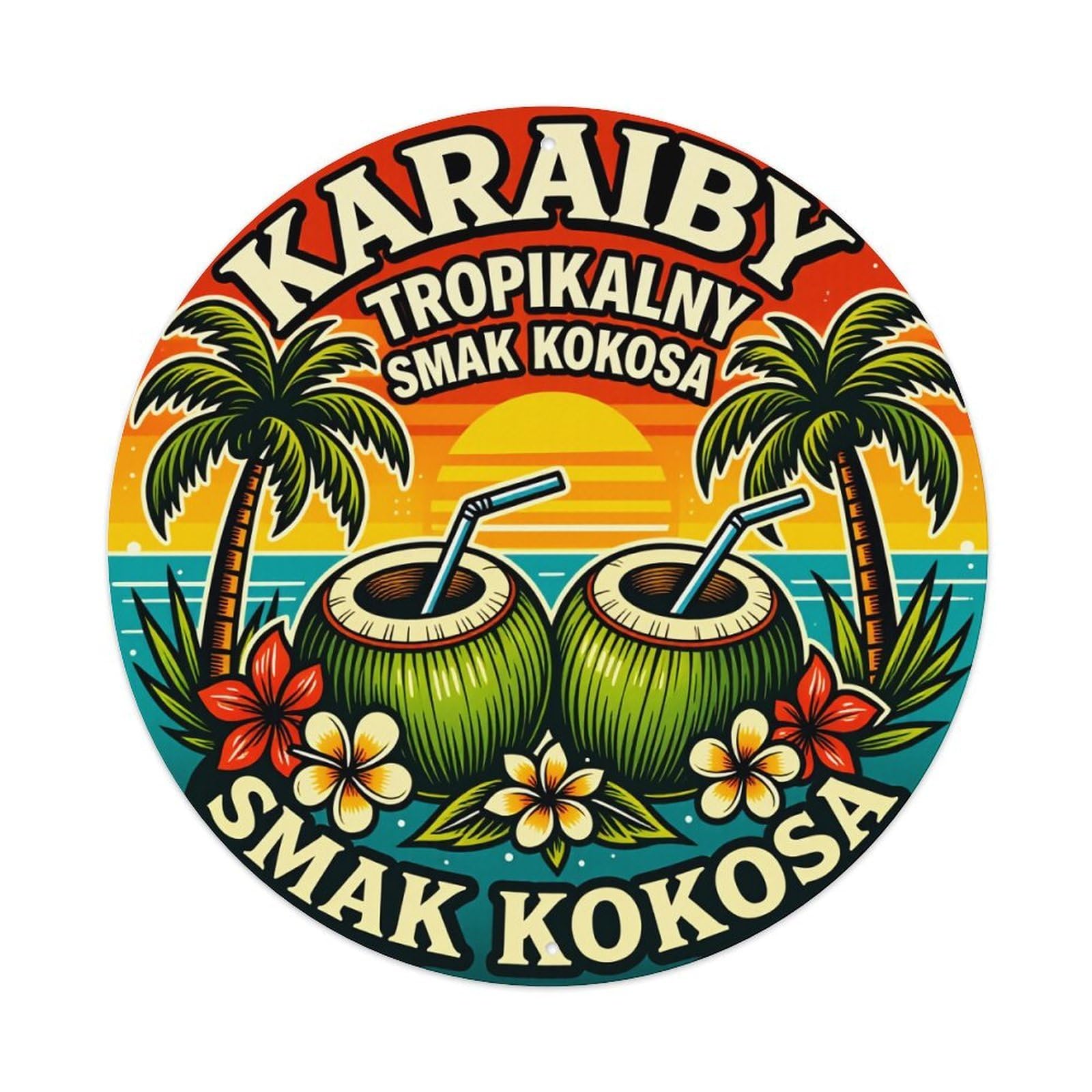 Tropical Coconut Palm Sunset Flowers Round Tin Sign Vintage Metal Poster Retro Bar, Home, Man Cave, Kitchen, Laundry Room Wall Art Decor Gift 8x8In