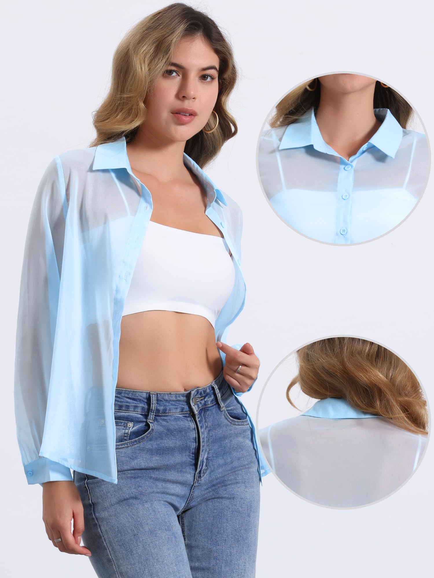 Allegra K Chemisier transparent à boutons pour femme en maille transparente à manches longues