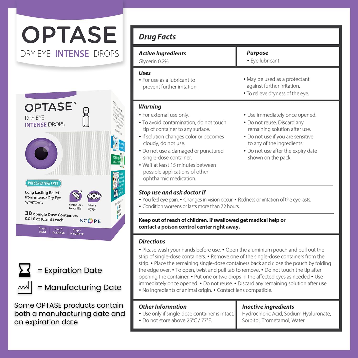 Optase Dry Eye Intense Drops, 30 Single Dose Vials – Preservative Free Eye Drops for Dry Eyes – Moderate to Severe Artificial Tears - Contact Lens Compatible - .01 fl oz per Vial - Image 2