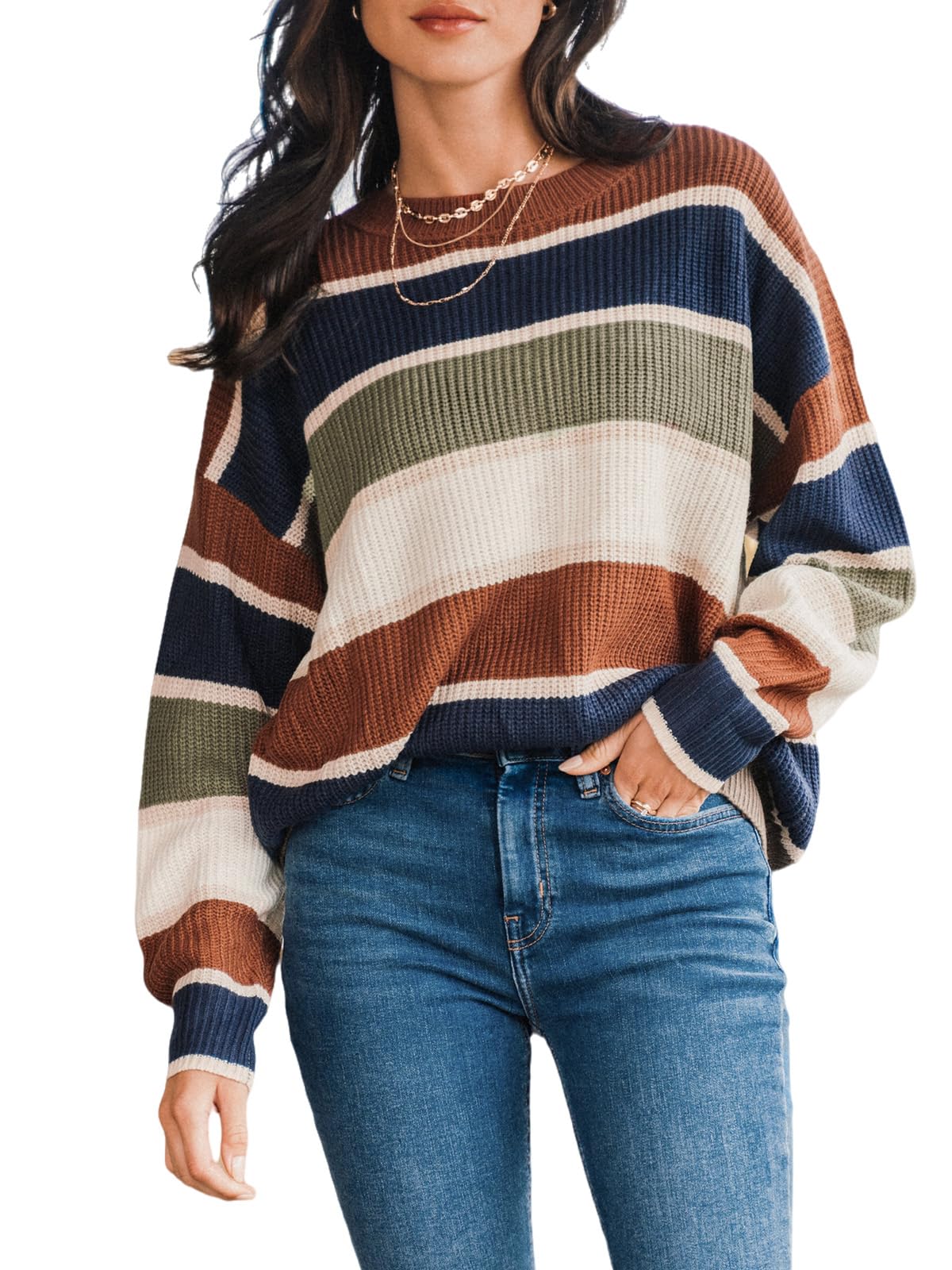 CUPSHE Womens Striped Sweaters Crewneck Long Sleeve Colorblock Casual Pullover Sweater Tops