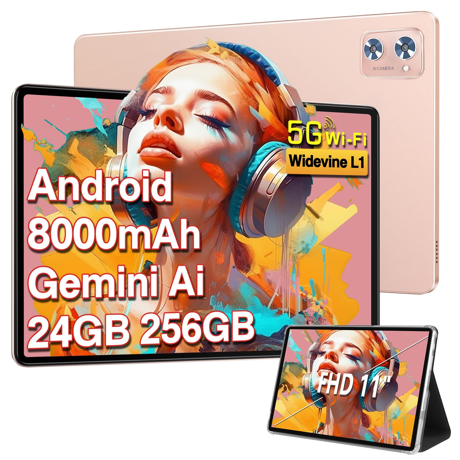 SUAAT Tablets Android 24GB RAM+256GB ROM(2TB TF),tablets 11 Pollici,Octa-Core,2.0Ghz, WiFi5G+2.4G, GPS,8000 mAh, 5MP + 13MP,Bluetooth5.0,Widevine L1,Cast, Tablet PC con Custodia,Oro