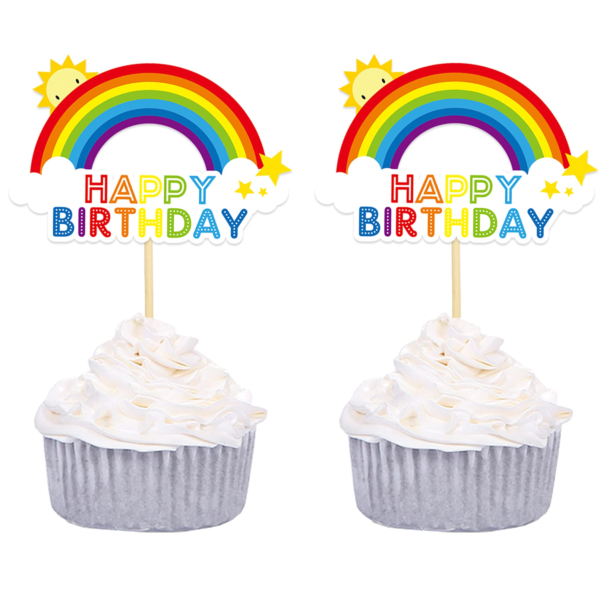 24 PCS Rainbow Happy Birthday Cupcake Toppers Colorful Rainbow Cake Topper Happy Birthday Cake