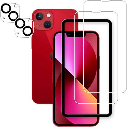 Marco de fácil alineación diseñado para iPhone 13 Mini, protector de pantalla de vidrio templado, paquete de 2 protectores de lente de cámara,