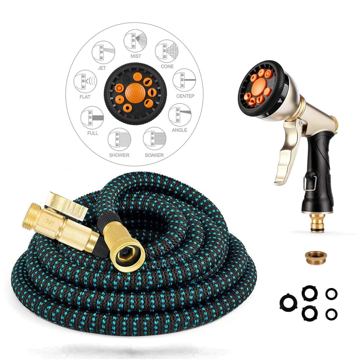 Métal Pistolet Arrosoir, Tuyau d'arrosage Flexible Rétractable, connecteur en Laiton Plein, 9 Fonctions Pistolet, Flexible pour Irrigation, Inclure la vanne d'arrêt（25FT - Contraction 7.6FT）