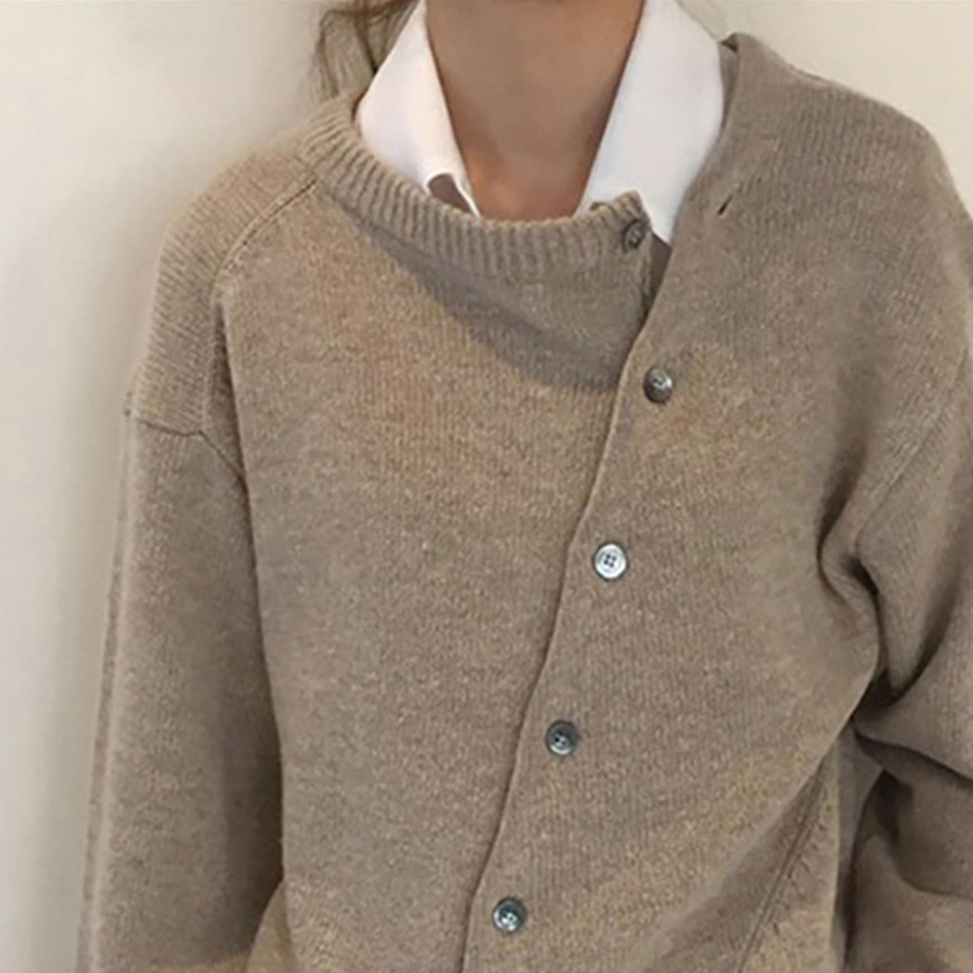 Womens Oblique Buckle Irregular Top Solid Color Round Collar T-Shirt Coat Casual Asymmetrical Button Front Blouses (Medium,Khaki)