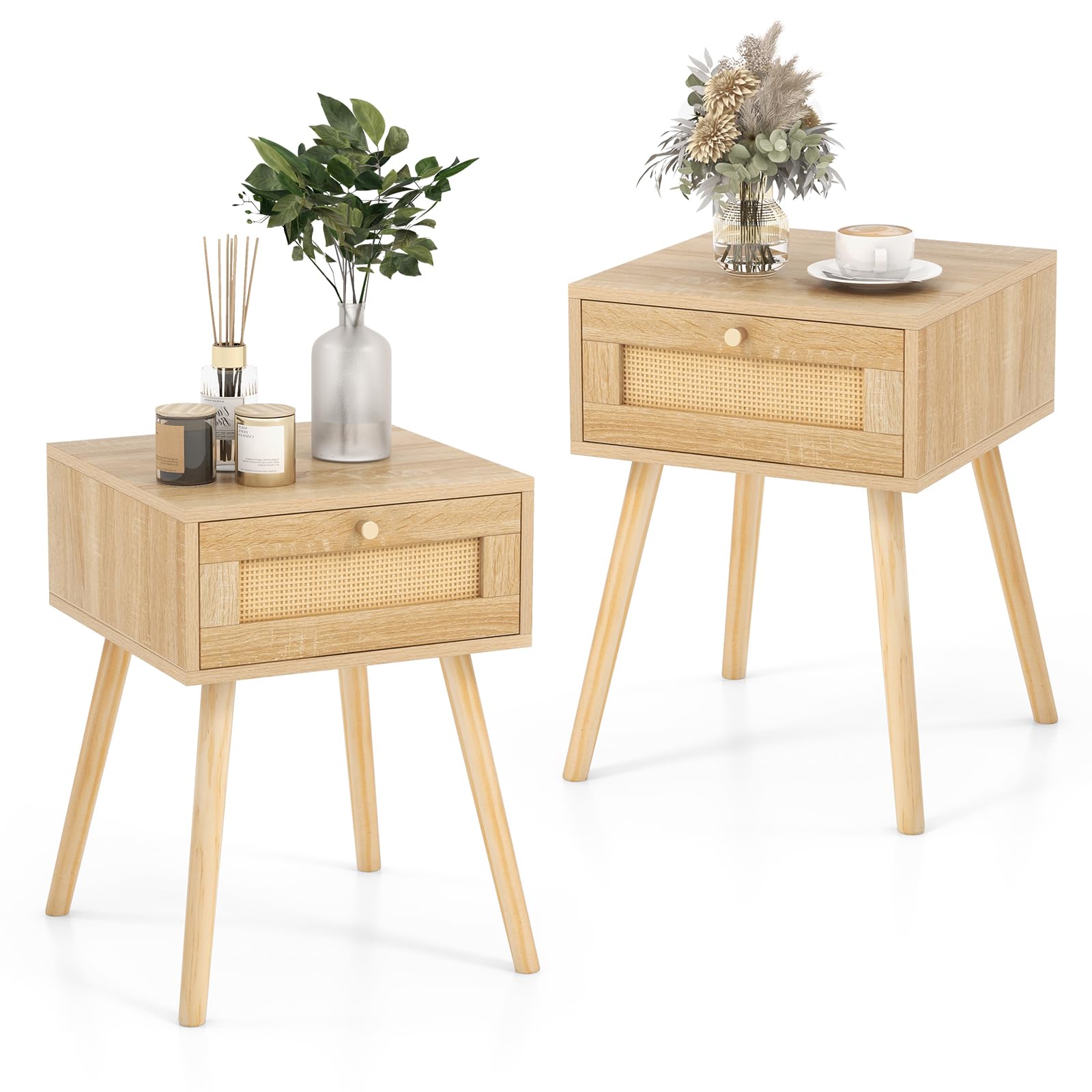COSTWAY Mesitas de Noche de Ratán con Cajón, 40 x 40 x 55 cm, Mesilla de Noche Boho, Patas de Madera de Pino, Mesa Auxiliar Dormitorio Salon Sofa, Natural (2)
